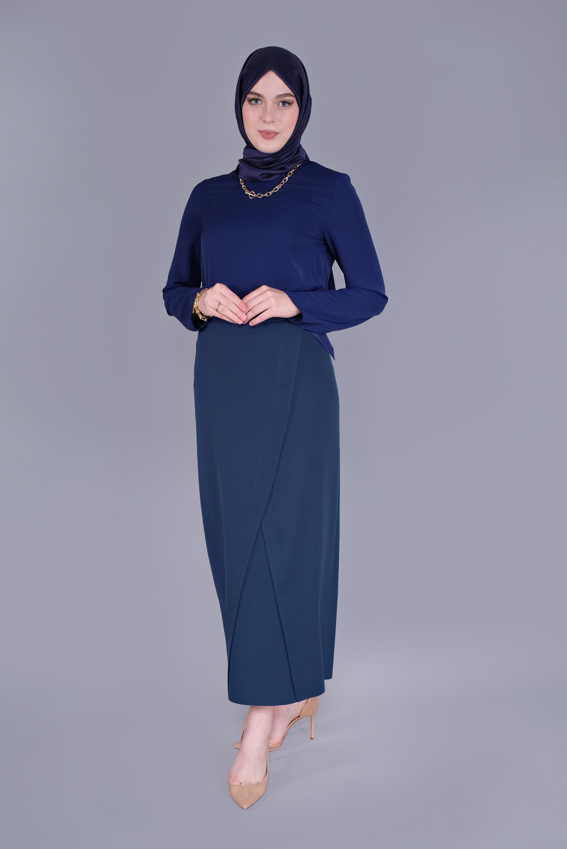 Tesettür giyim LACİVERT ÇAPRAZ GÖNÜMLÜ KEMERLİ ETEK  60149 