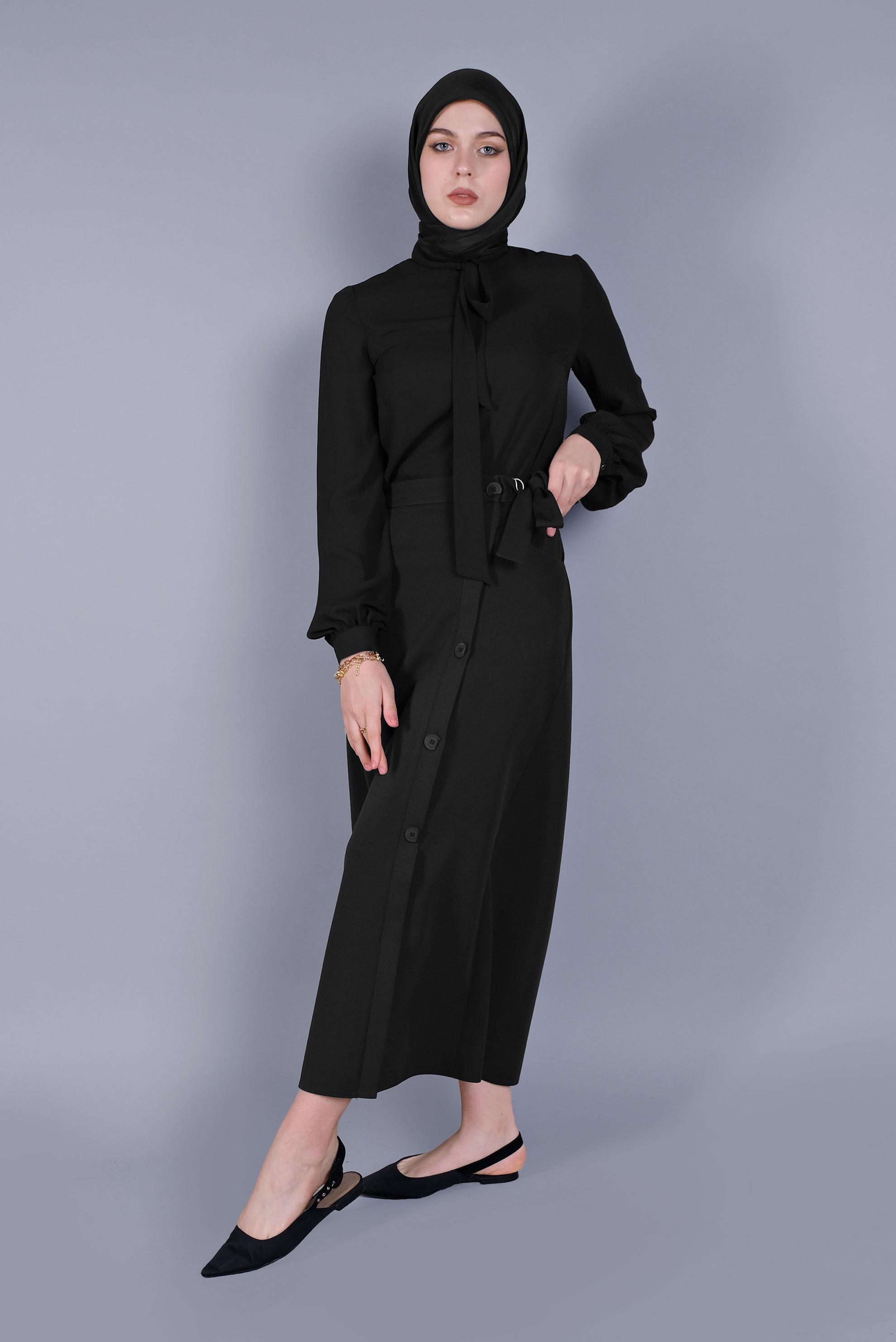 Tesettür giyim SİYAH YANDAN DÜĞMELİ ETEK 60151