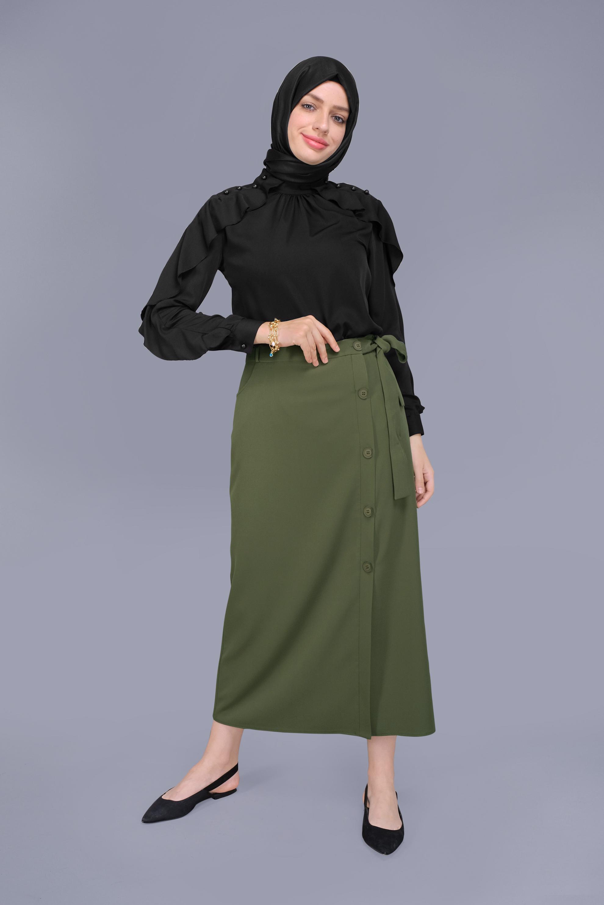 Tesettür giyim HAKİ YANDAN DÜĞMELİ ETEK 60151