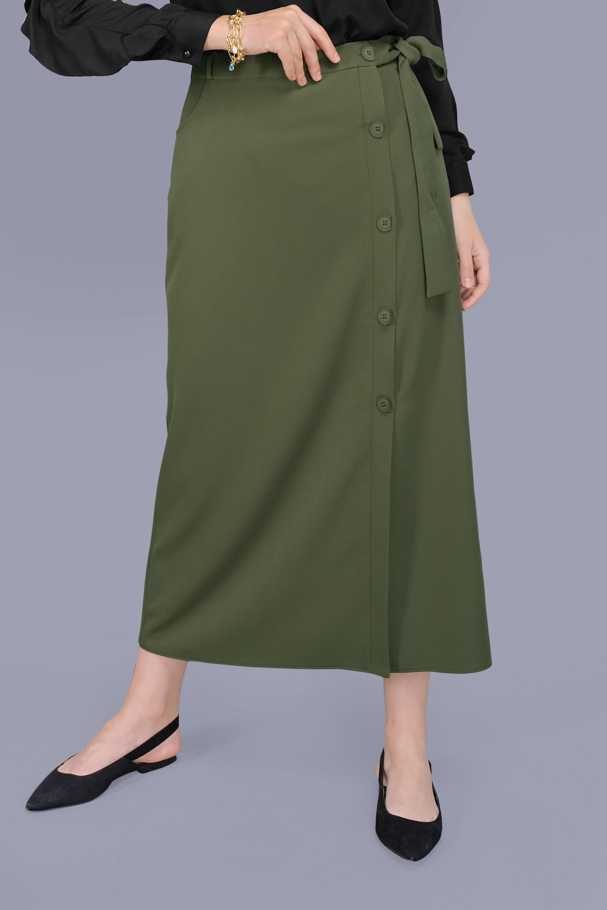 Tesettür giyim HAKİ YANDAN DÜĞMELİ ETEK 60151