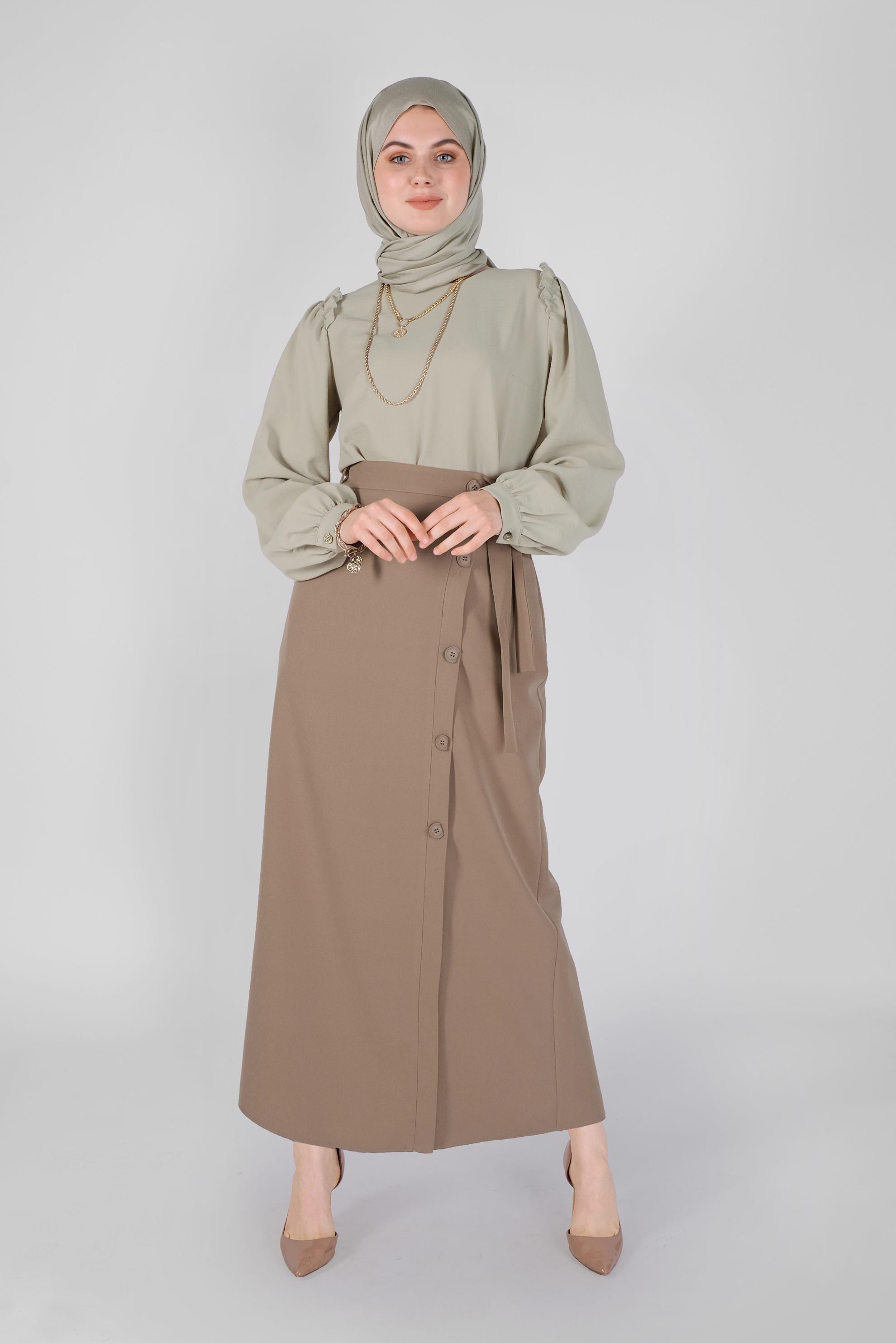 Tesettür giyim KAHVE YANDAN DÜĞMELİ ETEK 60151