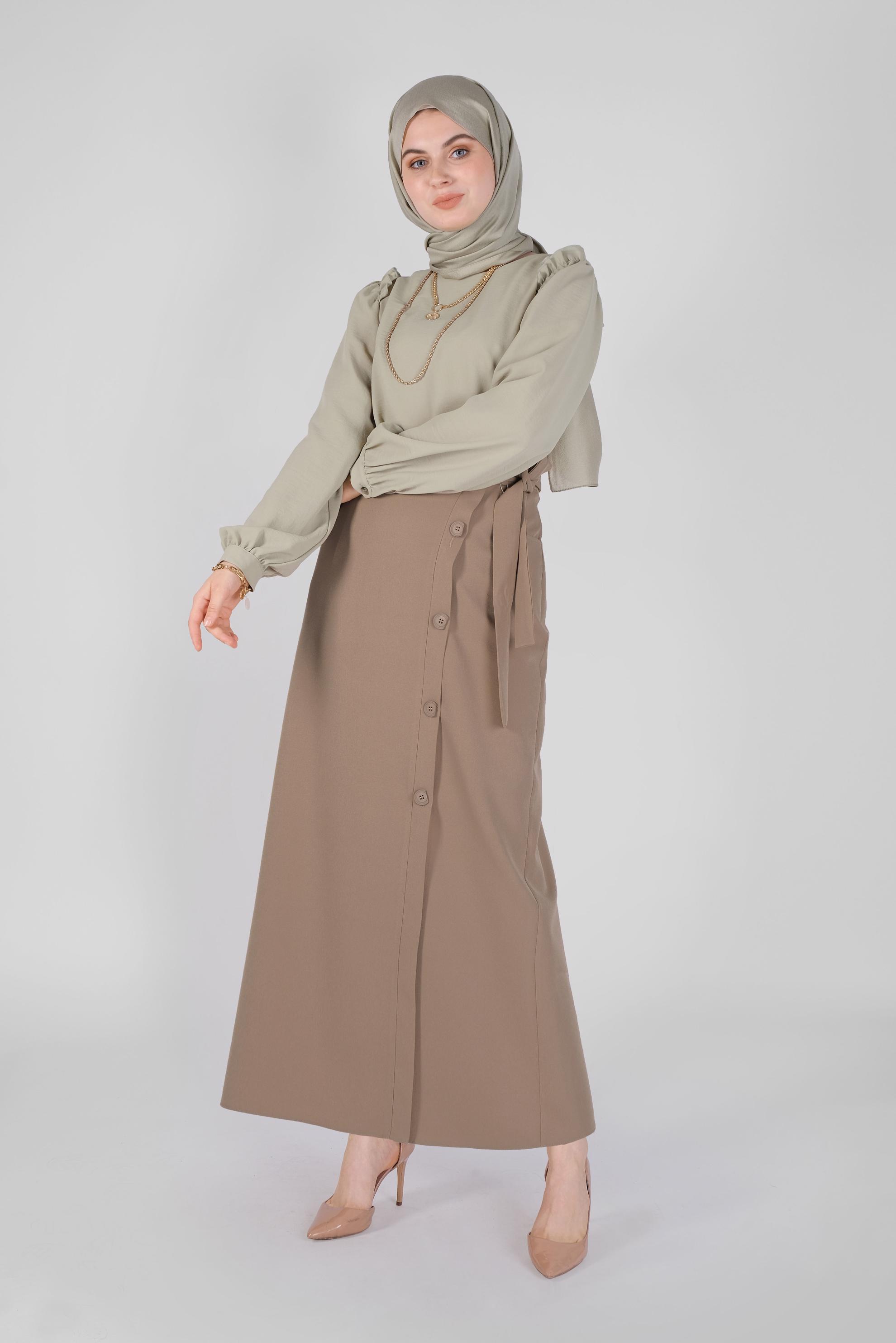 Tesettür giyim KAHVE YANDAN DÜĞMELİ ETEK 60151