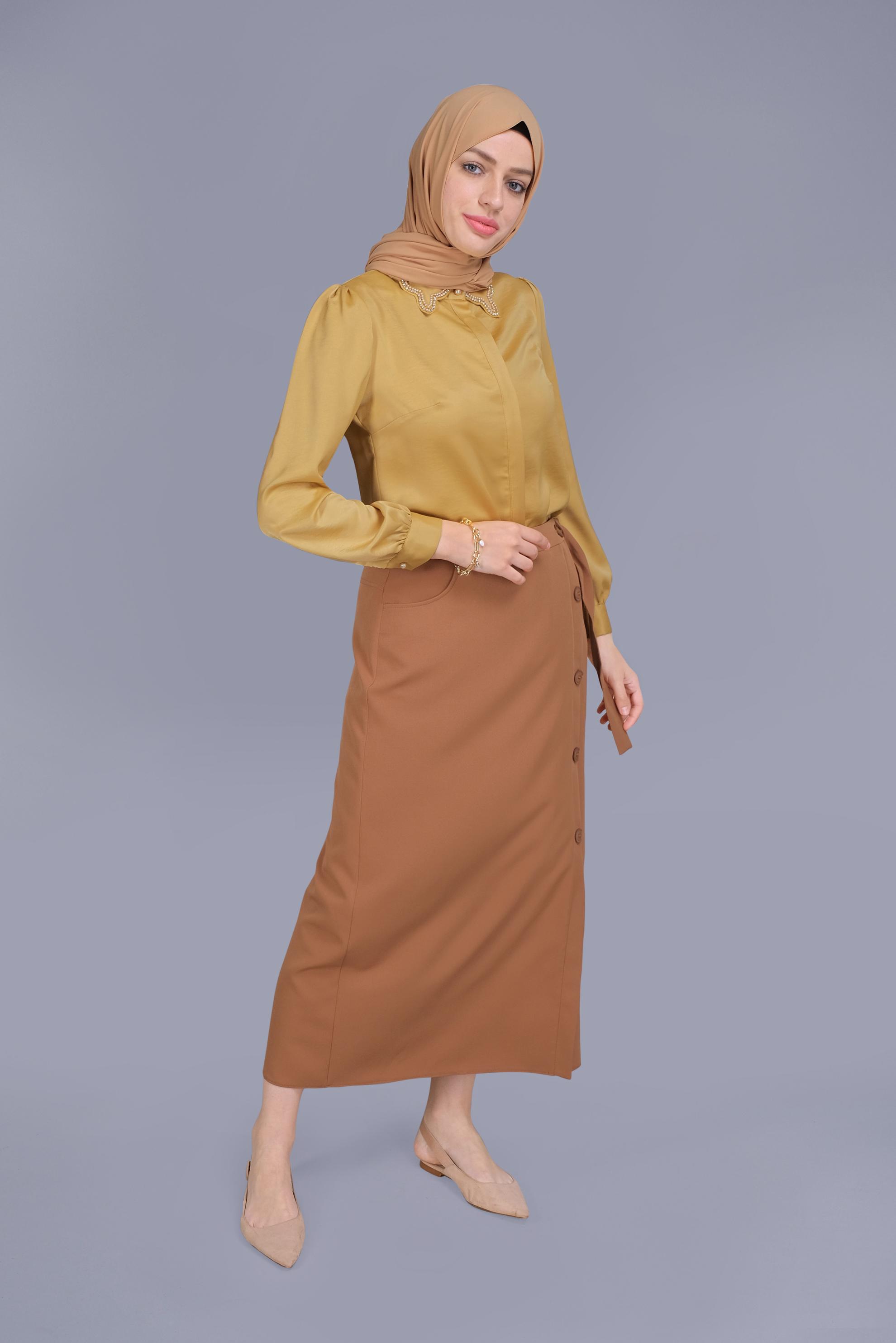 Tesettür giyim TABA YANDAN DÜĞMELİ ETEK 60151