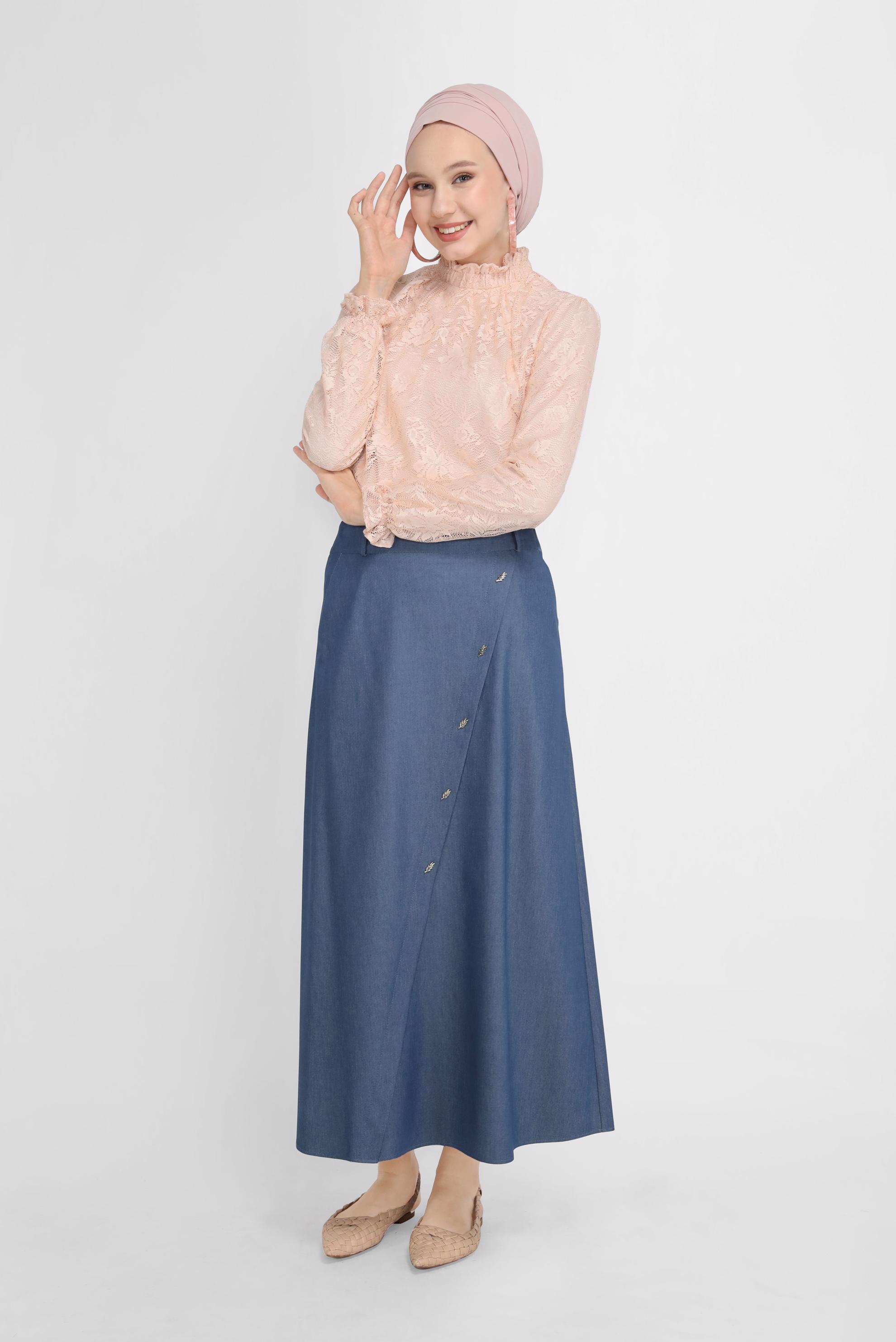 Tesettür giyim LACİVERT ÇAPRAZ KESİM DENIM GÖRÜNÜMLÜ ETEK 60152 