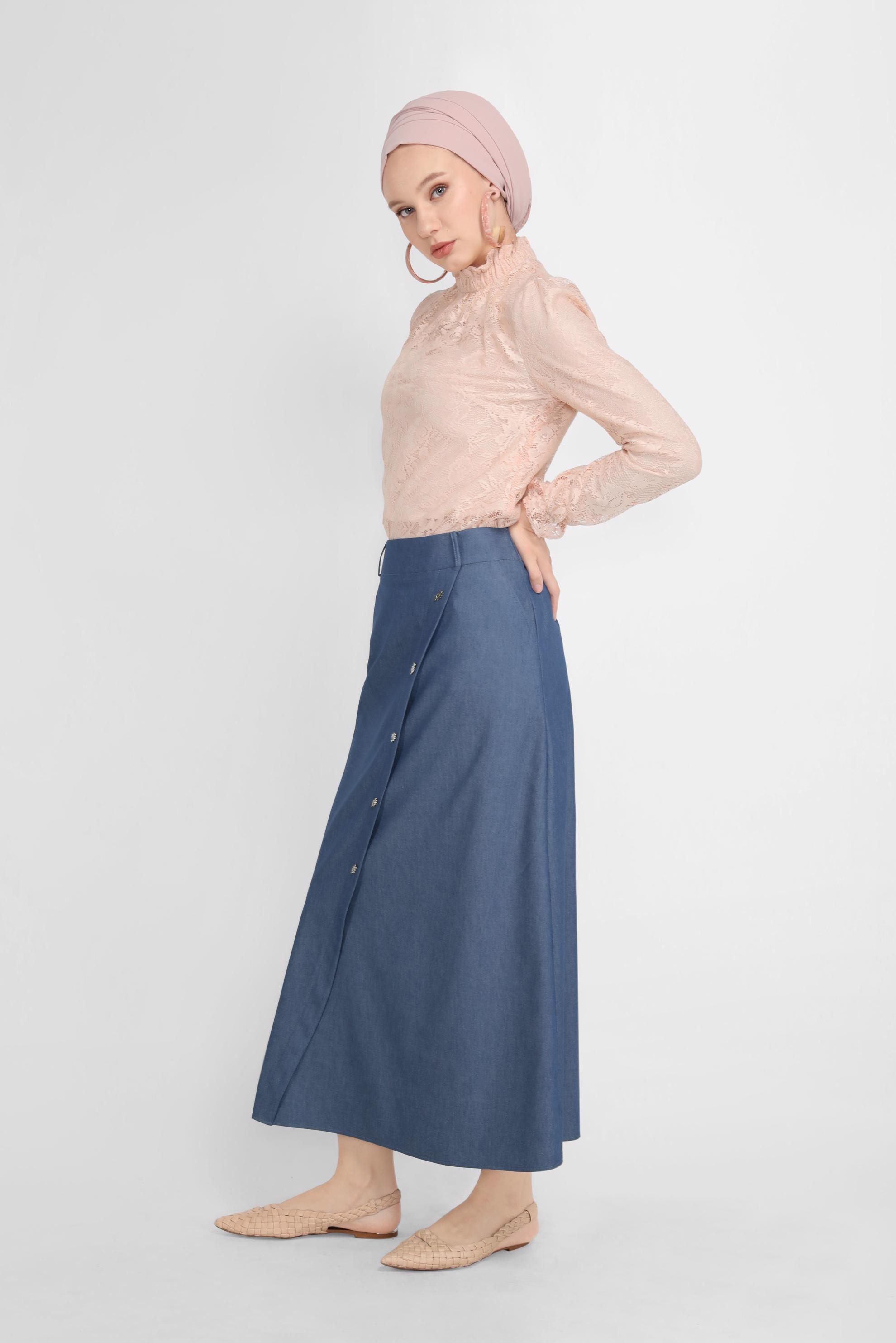 Tesettür giyim LACİVERT ÇAPRAZ KESİM DENIM GÖRÜNÜMLÜ ETEK 60152 