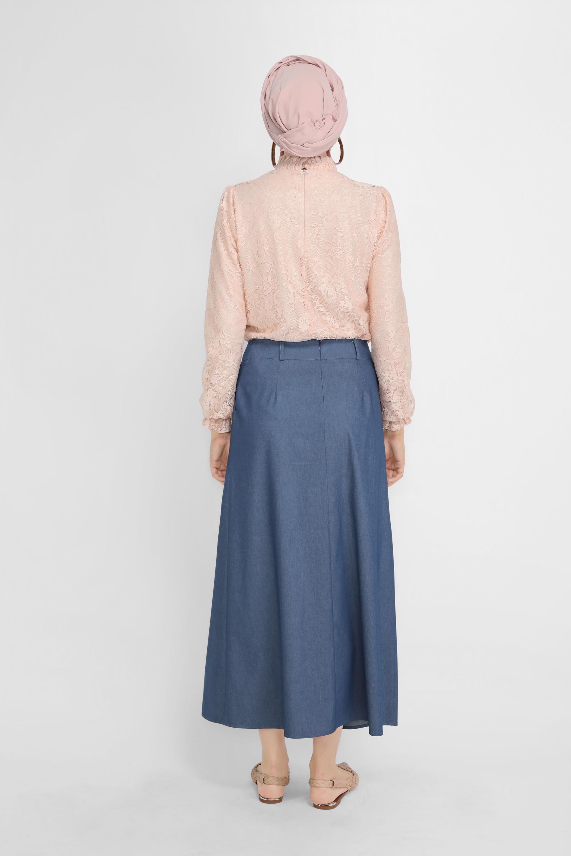 Tesettür giyim LACİVERT ÇAPRAZ KESİM DENIM GÖRÜNÜMLÜ ETEK 60152 