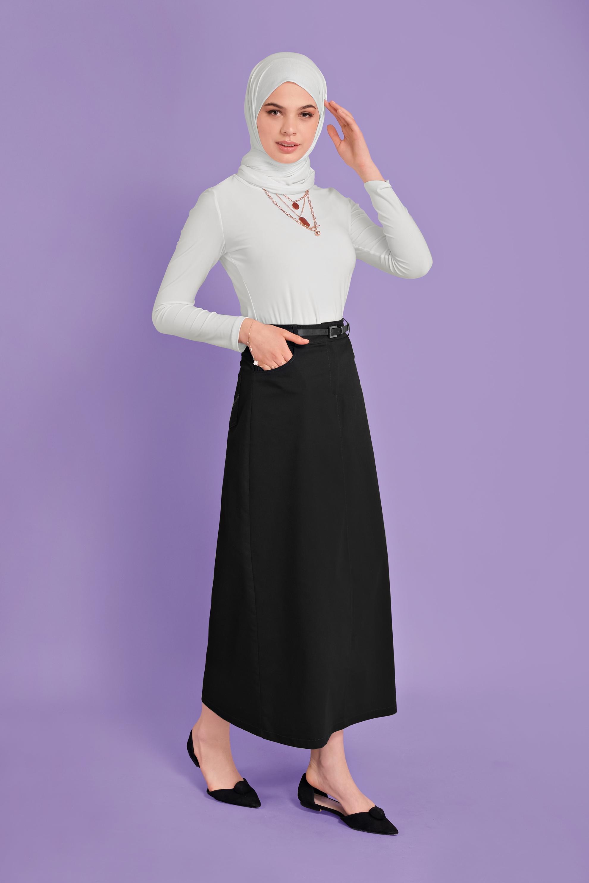 Tesettür giyim SİYAH PAMUKLU CEPLİ ETEK 60154  