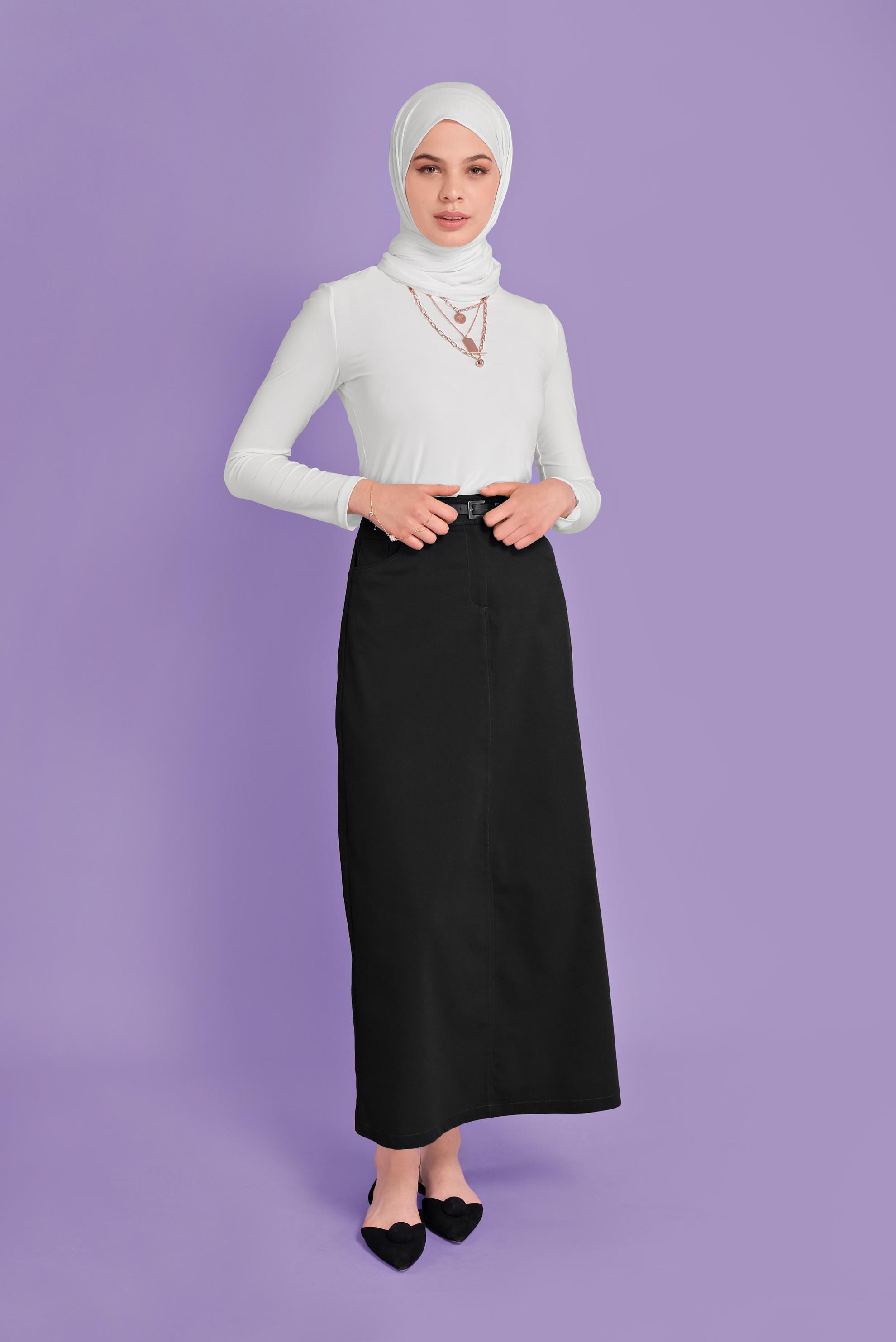 Tesettür giyim SİYAH PAMUKLU CEPLİ ETEK 60154  