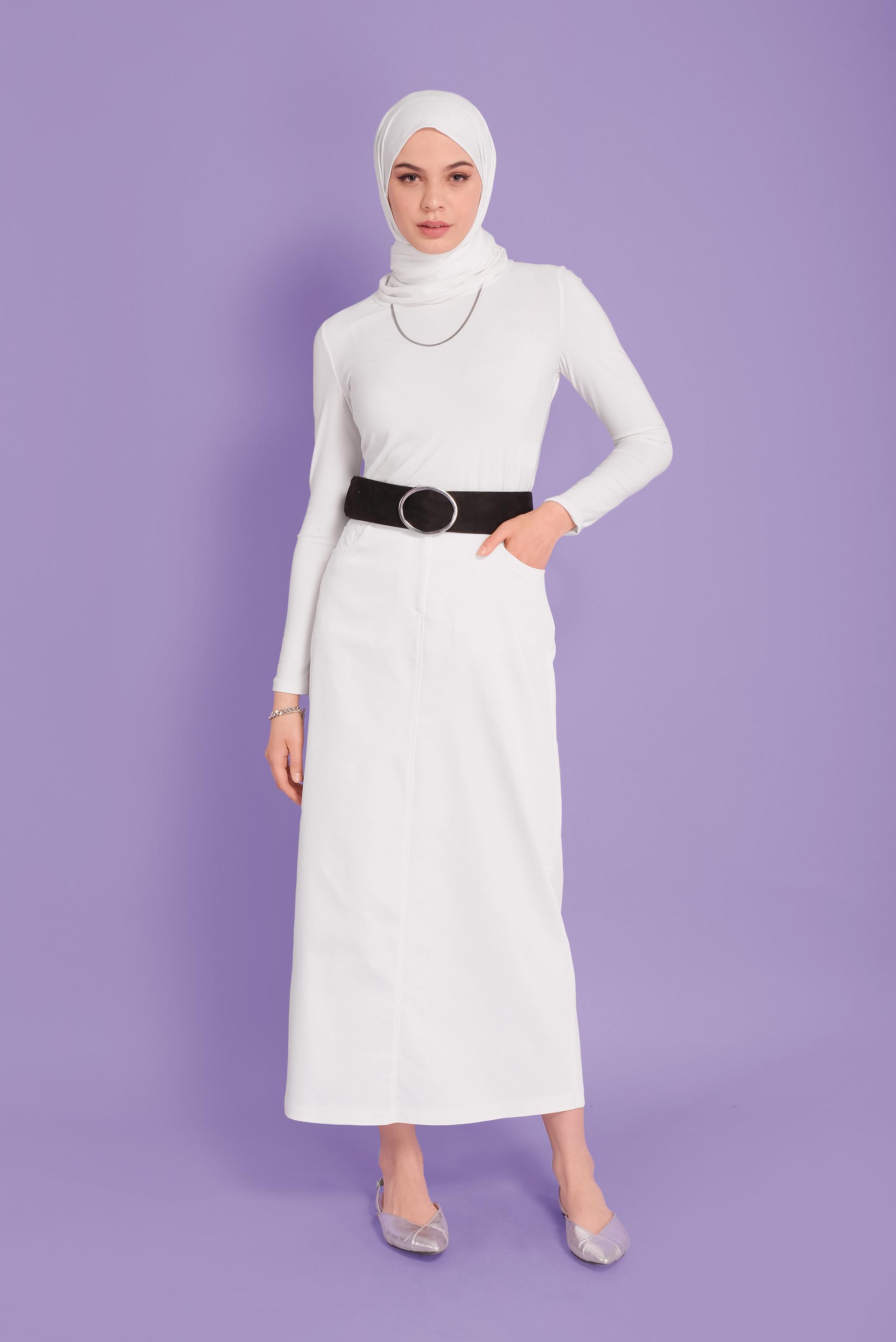 Tesettür giyim BEYAZ PAMUKLU CEPLİ ETEK 60154  