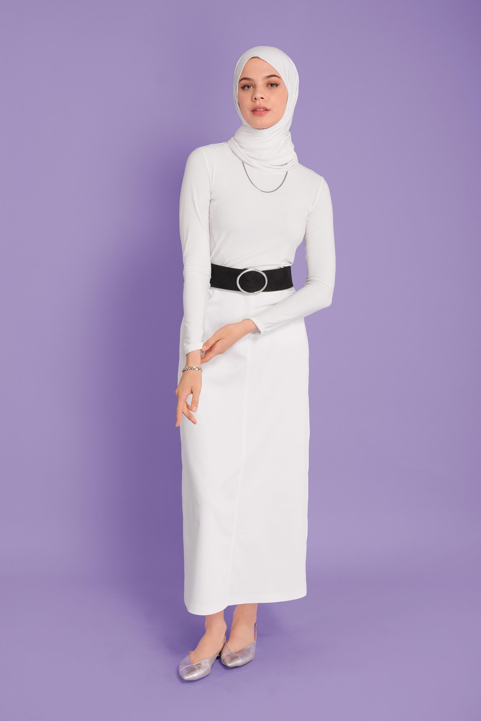 Tesettür giyim BEYAZ PAMUKLU CEPLİ ETEK 60154  