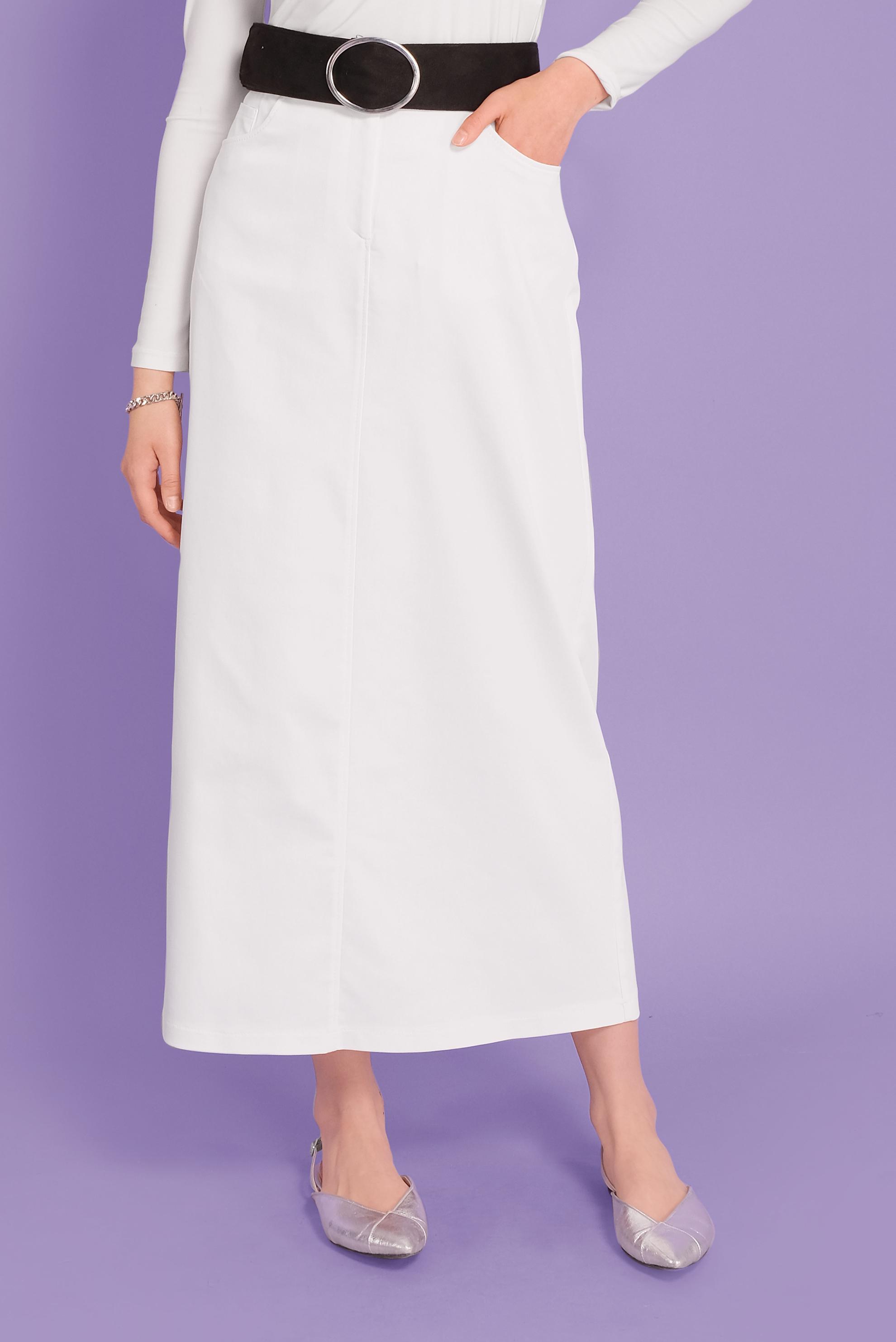 Tesettür giyim BEYAZ PAMUKLU CEPLİ ETEK 60154  