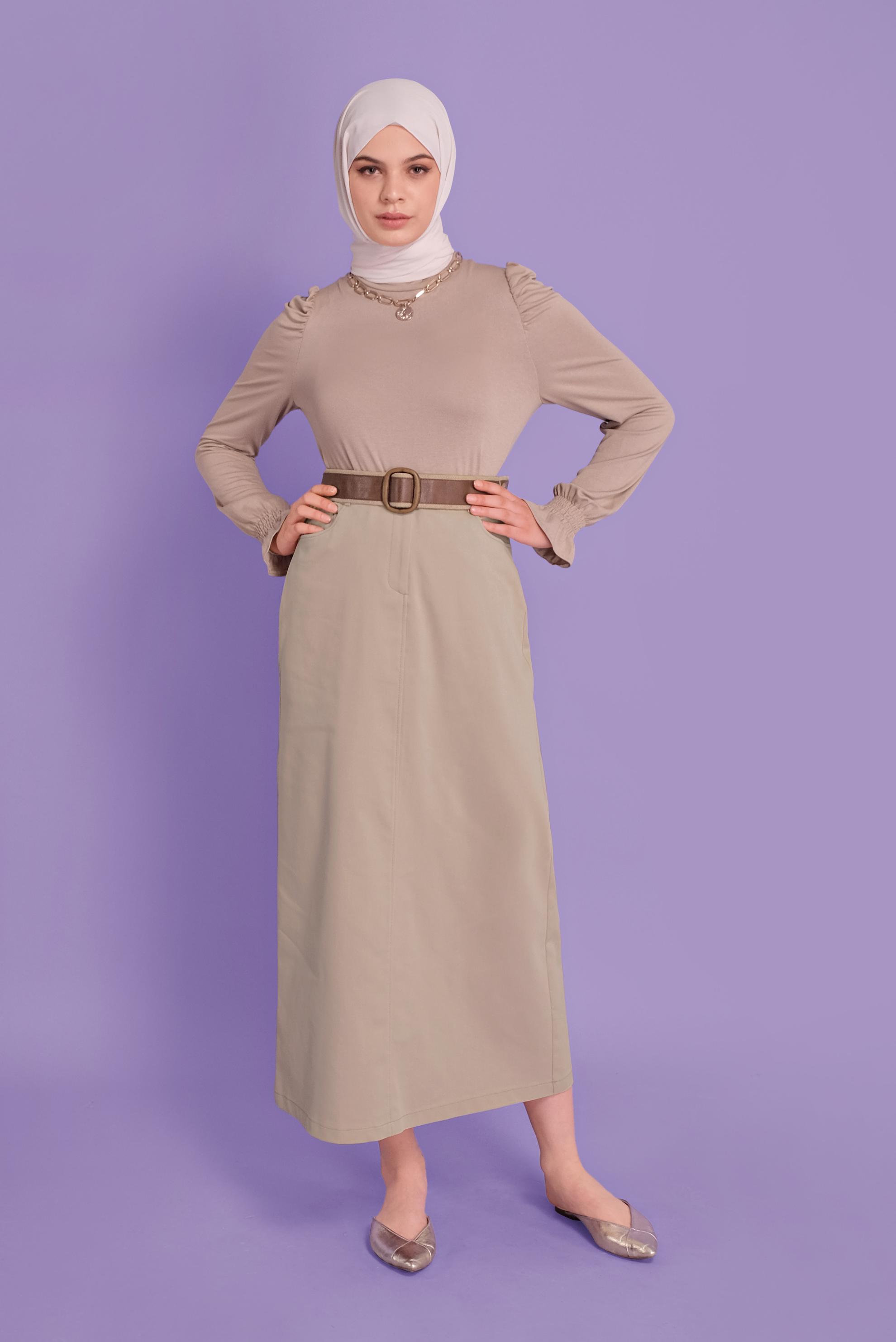 Tesettür giyim BEJ PAMUKLU CEPLİ ETEK 60154  