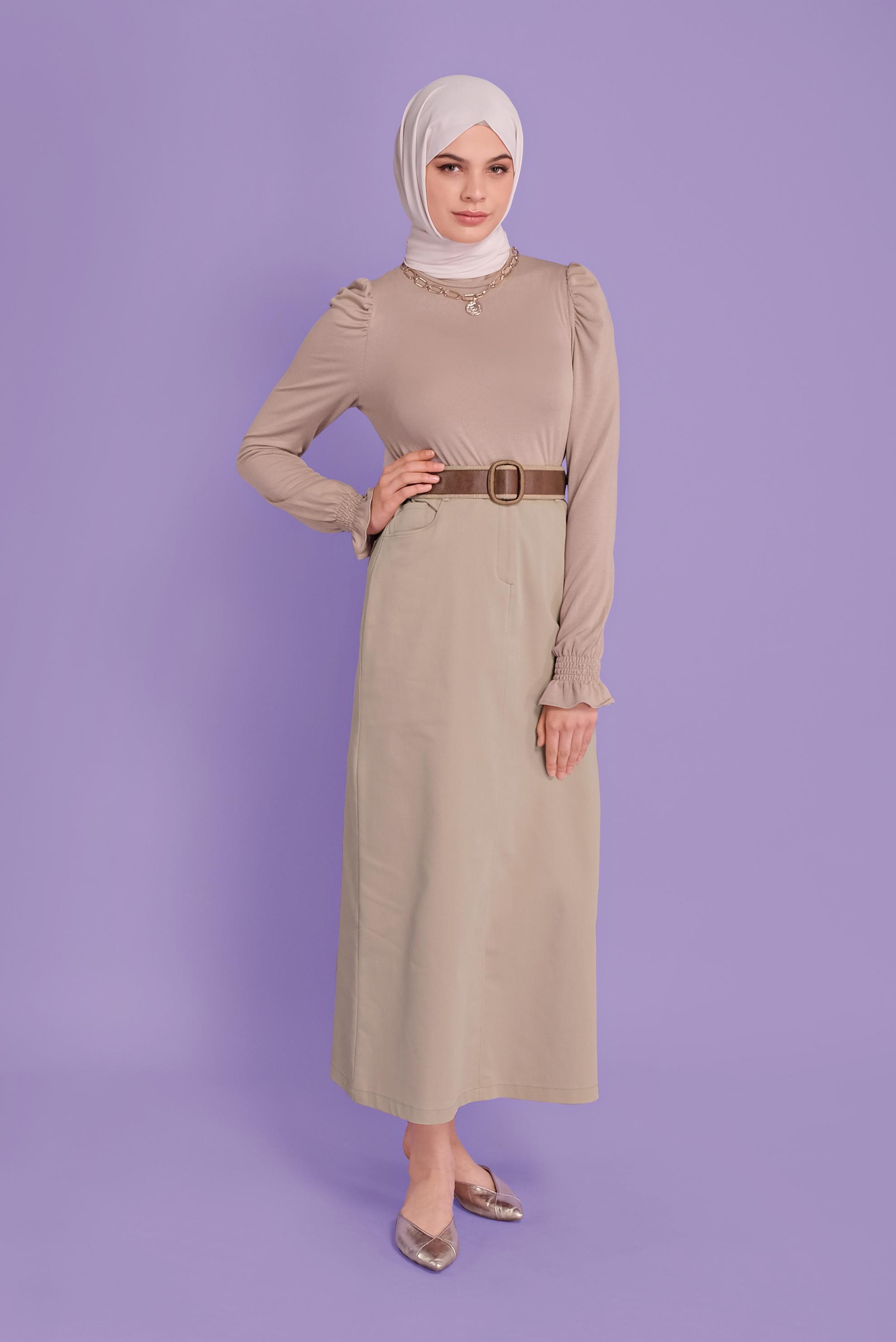 Tesettür giyim BEJ PAMUKLU CEPLİ ETEK 60154  