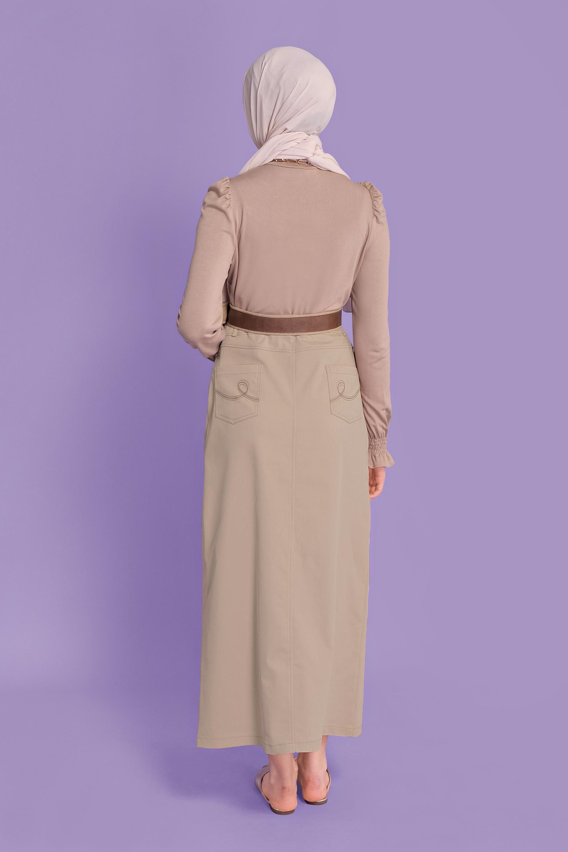 Tesettür giyim BEJ PAMUKLU CEPLİ ETEK 60154  