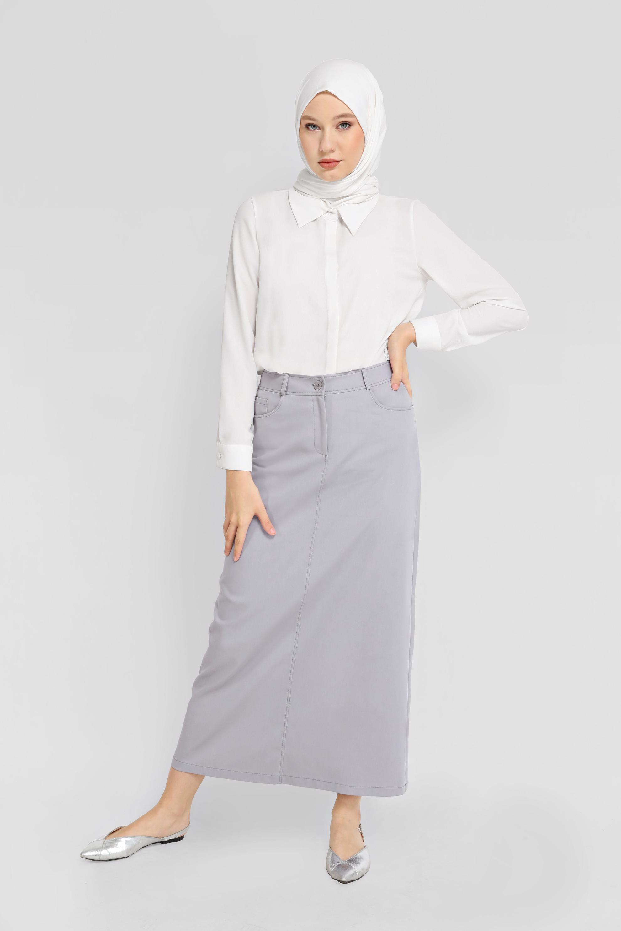 Tesettür giyim GRİ PAMUKLU CEPLİ ETEK 60154  