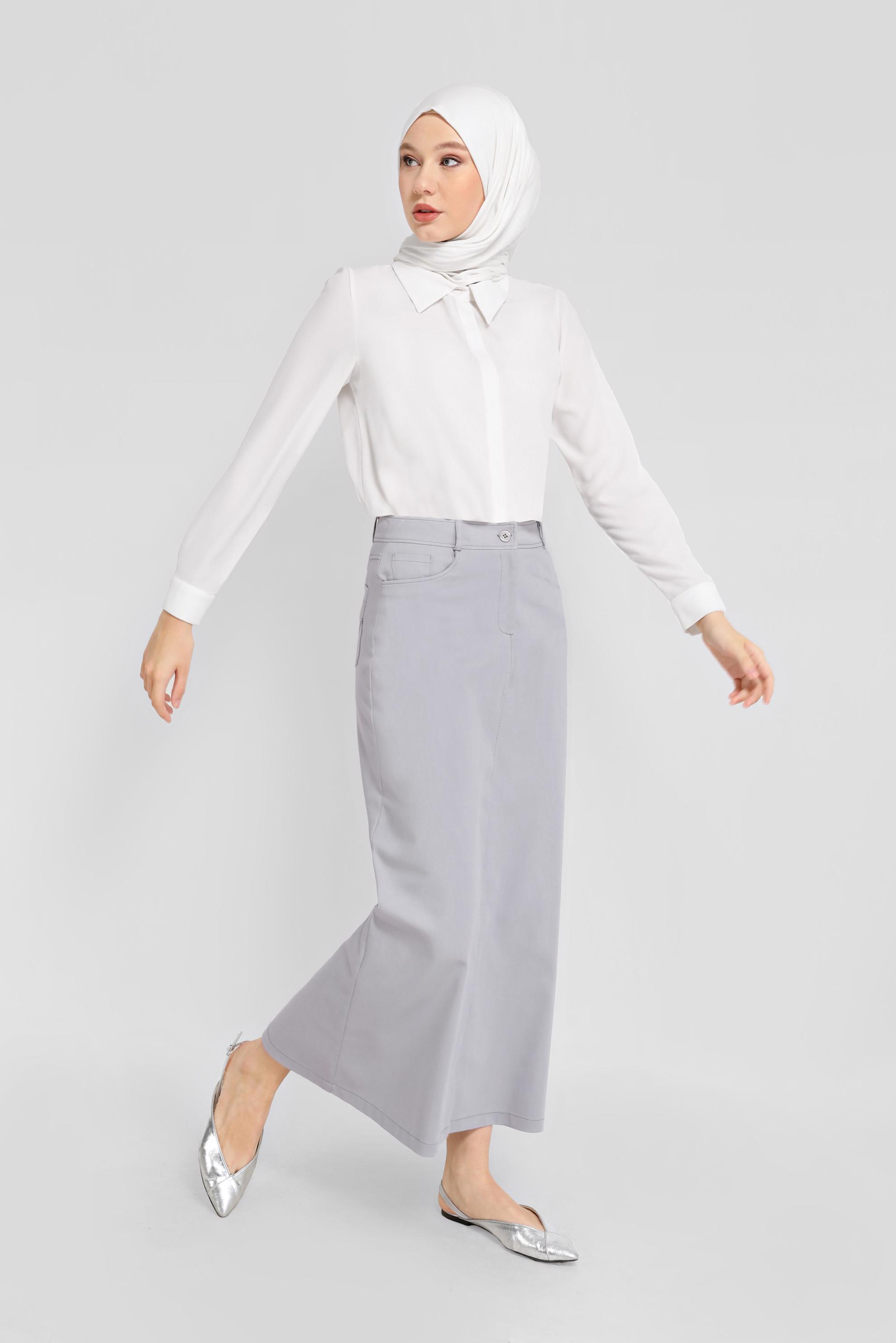 Tesettür giyim GRİ PAMUKLU CEPLİ ETEK 60154  