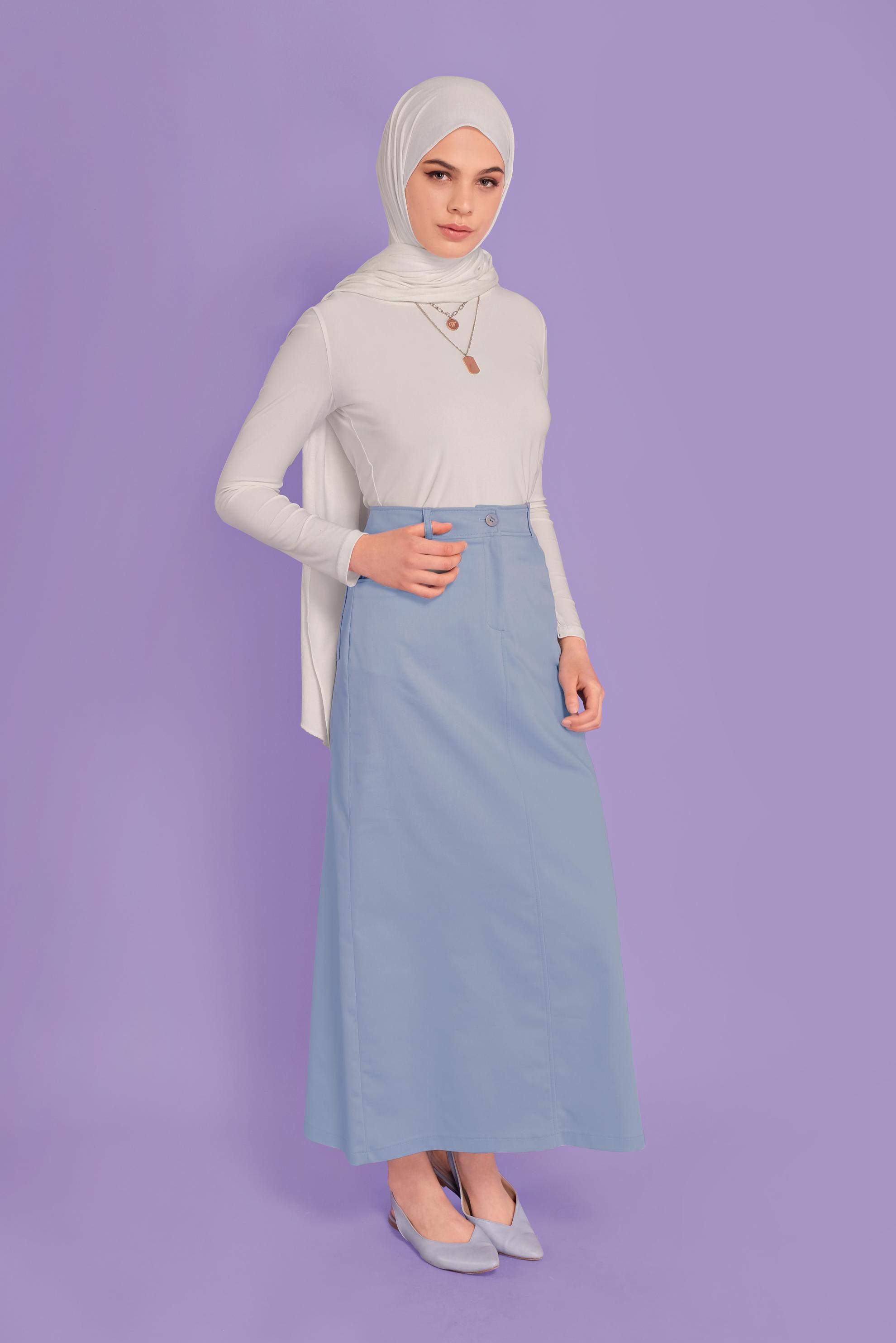 Tesettür giyim MAVİ PAMUKLU CEPLİ ETEK 60154  