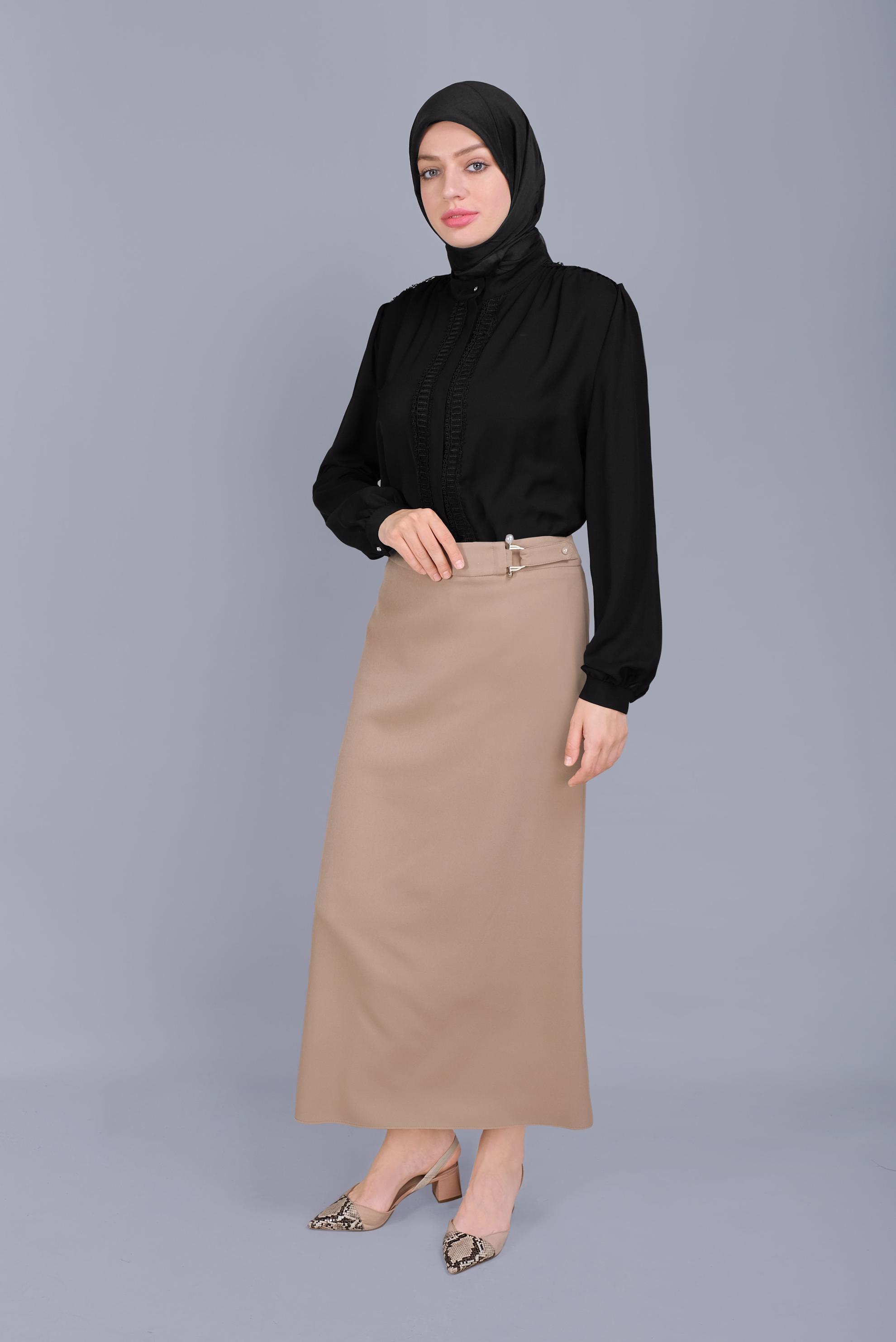 Tesettür giyim KAHVE İNCİ DETAYLI  ETEK 60160 