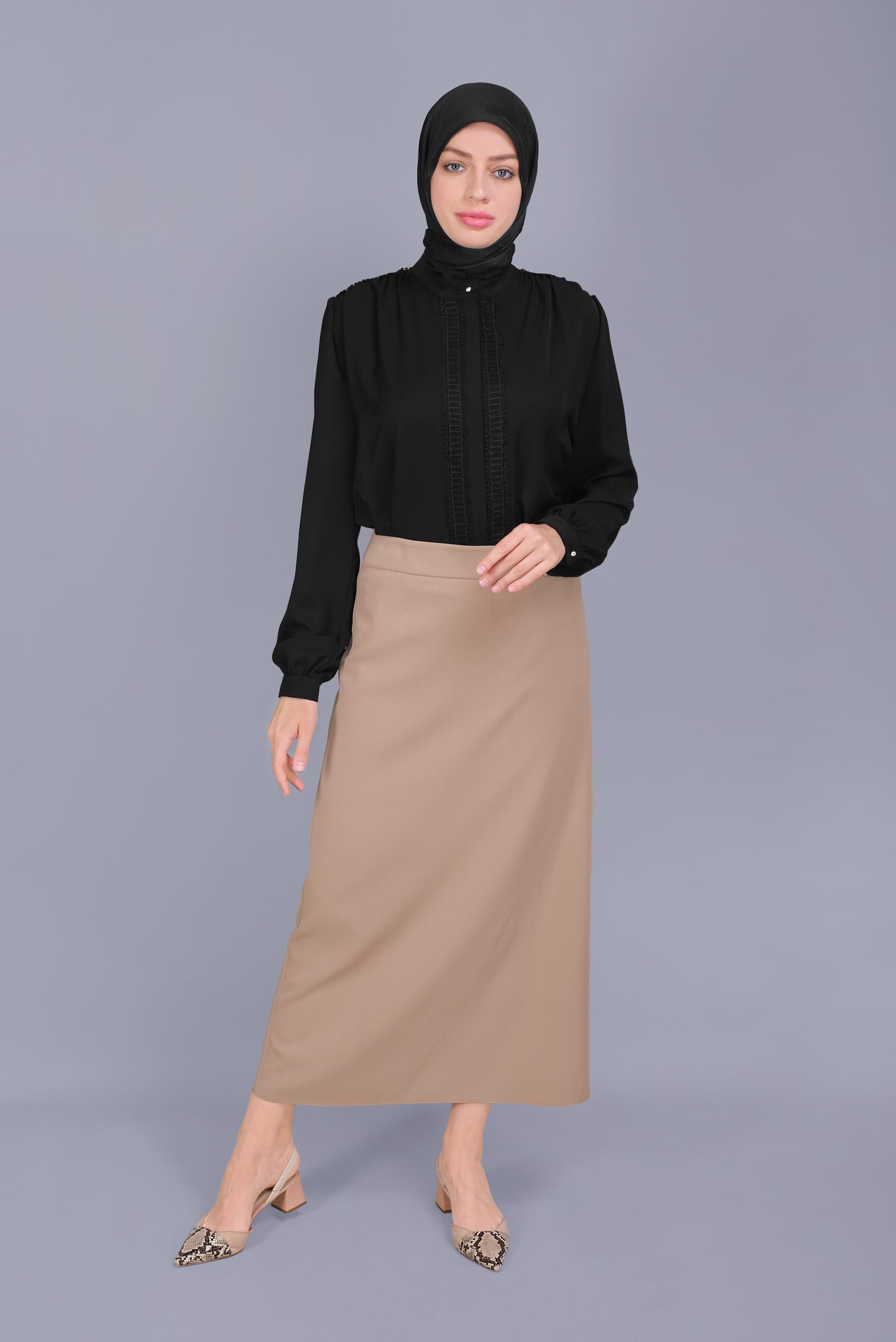 Tesettür giyim KAHVE İNCİ DETAYLI  ETEK 60160 