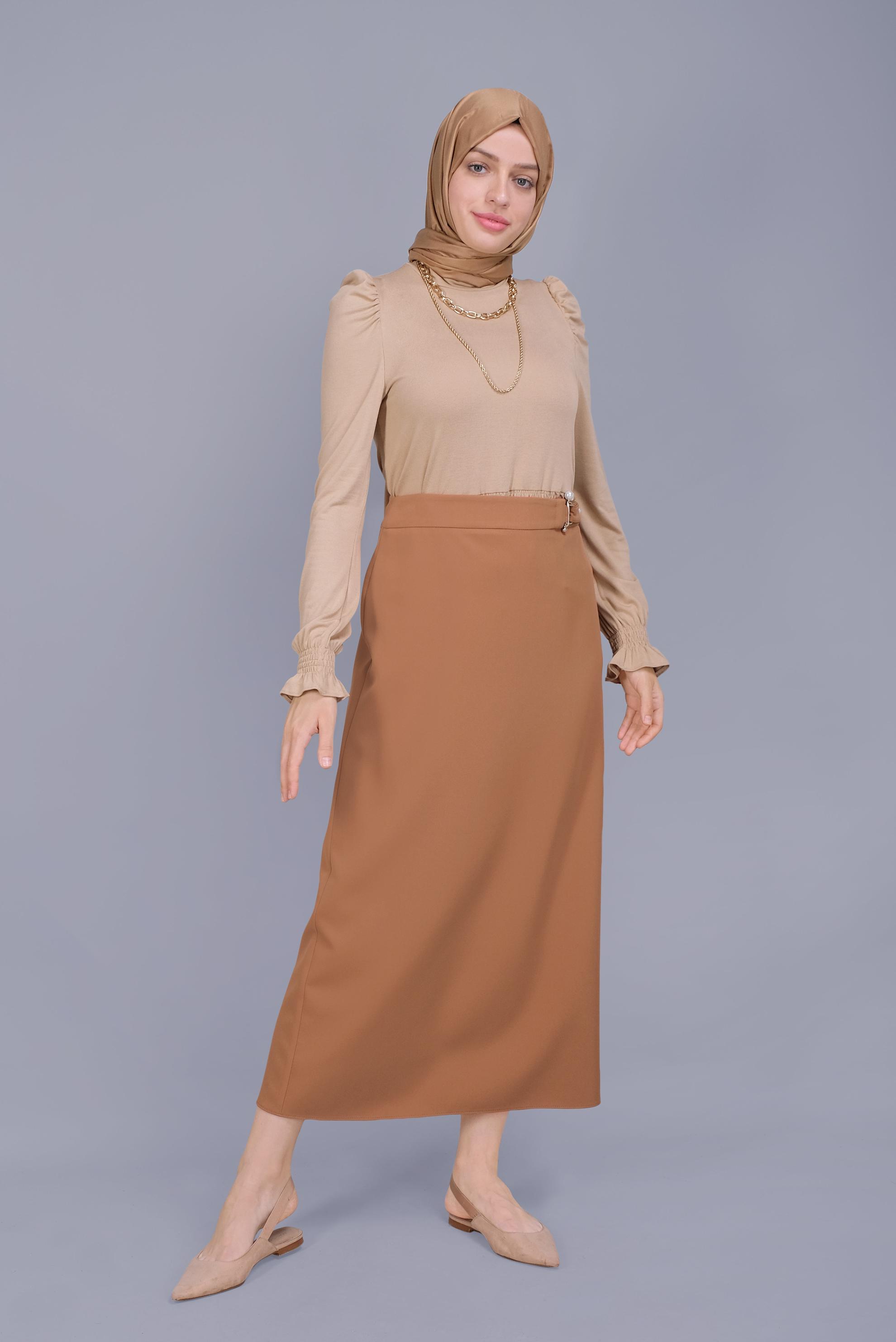 Tesettür giyim TABA İNCİ DETAYLI  ETEK 60160 