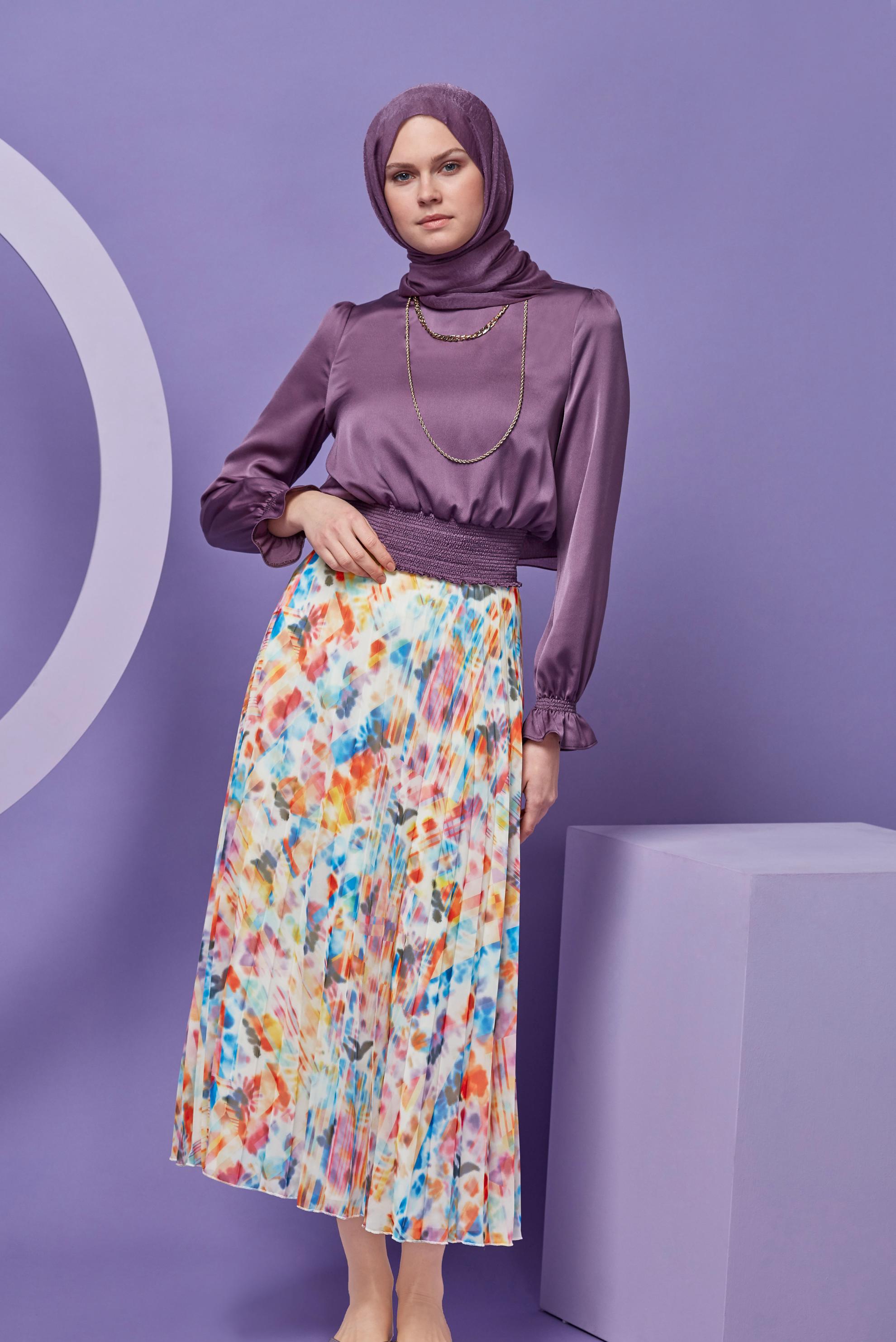 Tesettür giyim SARI EMPRİME ŞİFON PİLİSELİ ETEK 60161 