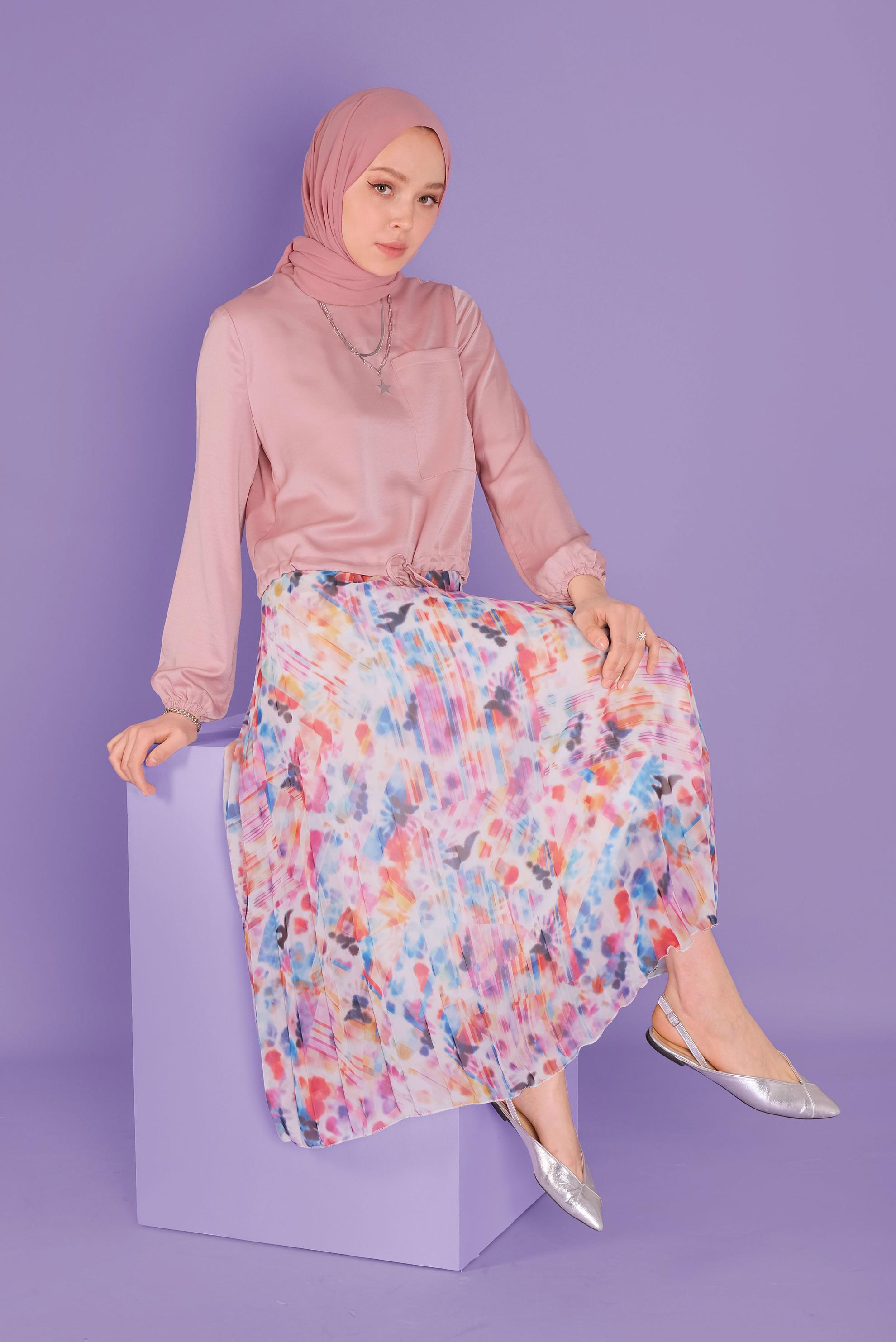 Tesettür giyim FUŞYA EMPRİME ŞİFON PİLİSELİ ETEK 60161 