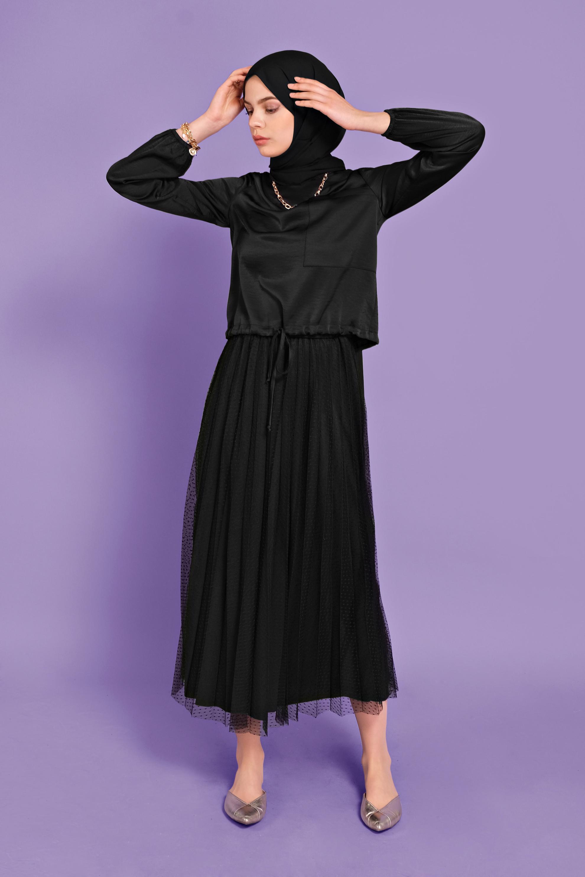 Tesettür giyim SİYAH PİLİSELİ TÜL ETEK 60162 