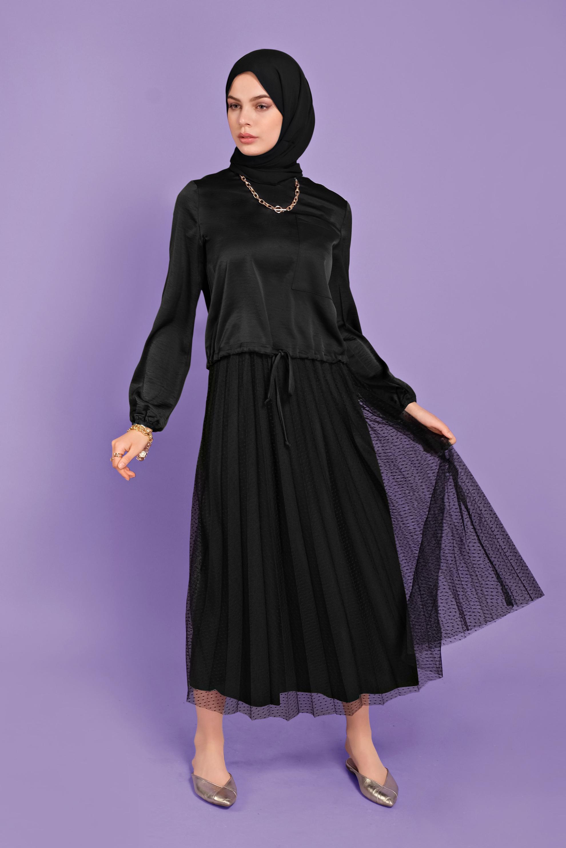 Tesettür giyim SİYAH PİLİSELİ TÜL ETEK 60162 