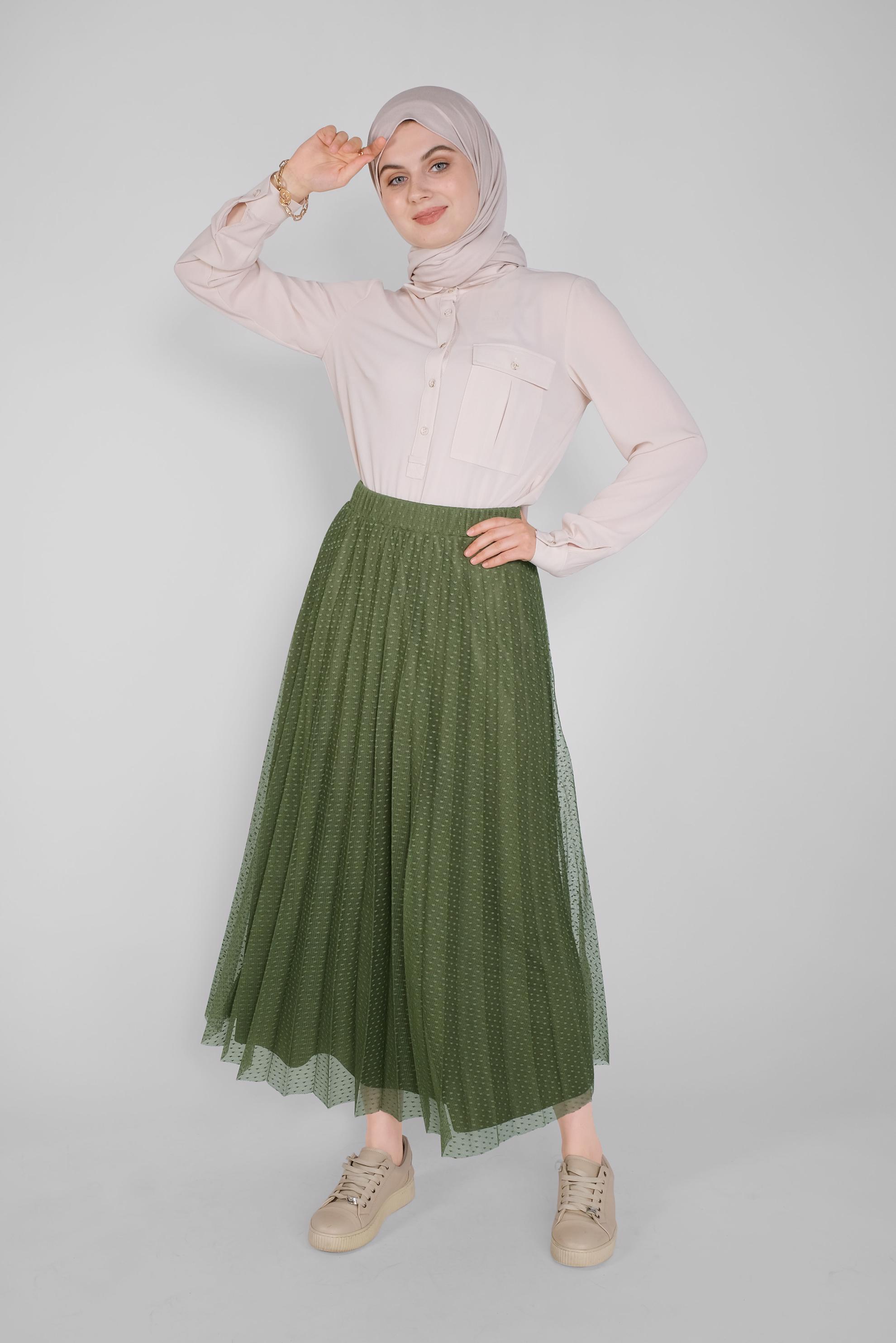 Tesettür giyim YEŞİL PİLİSELİ TÜL ETEK 60162 