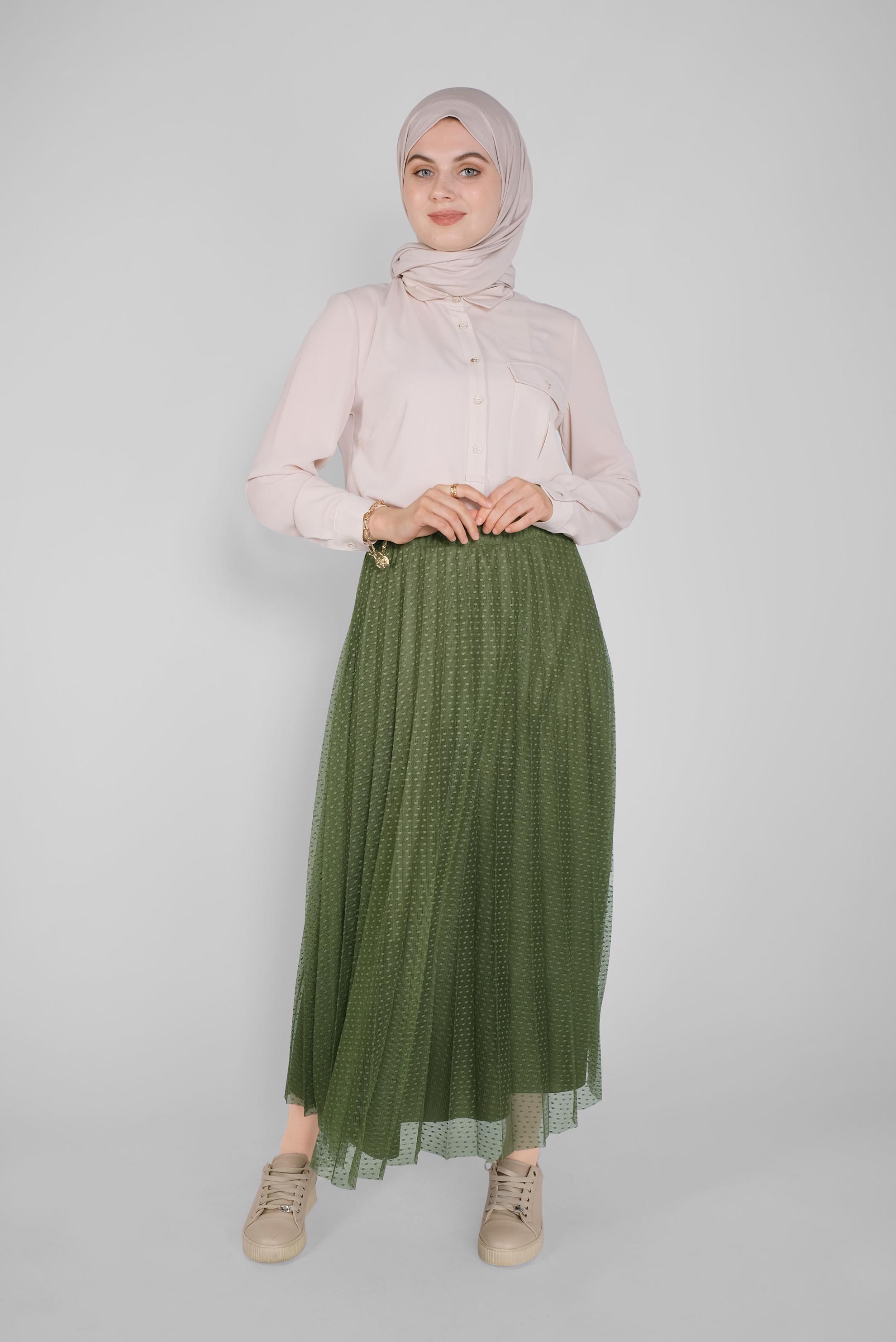 Tesettür giyim YEŞİL PİLİSELİ TÜL ETEK 60162 