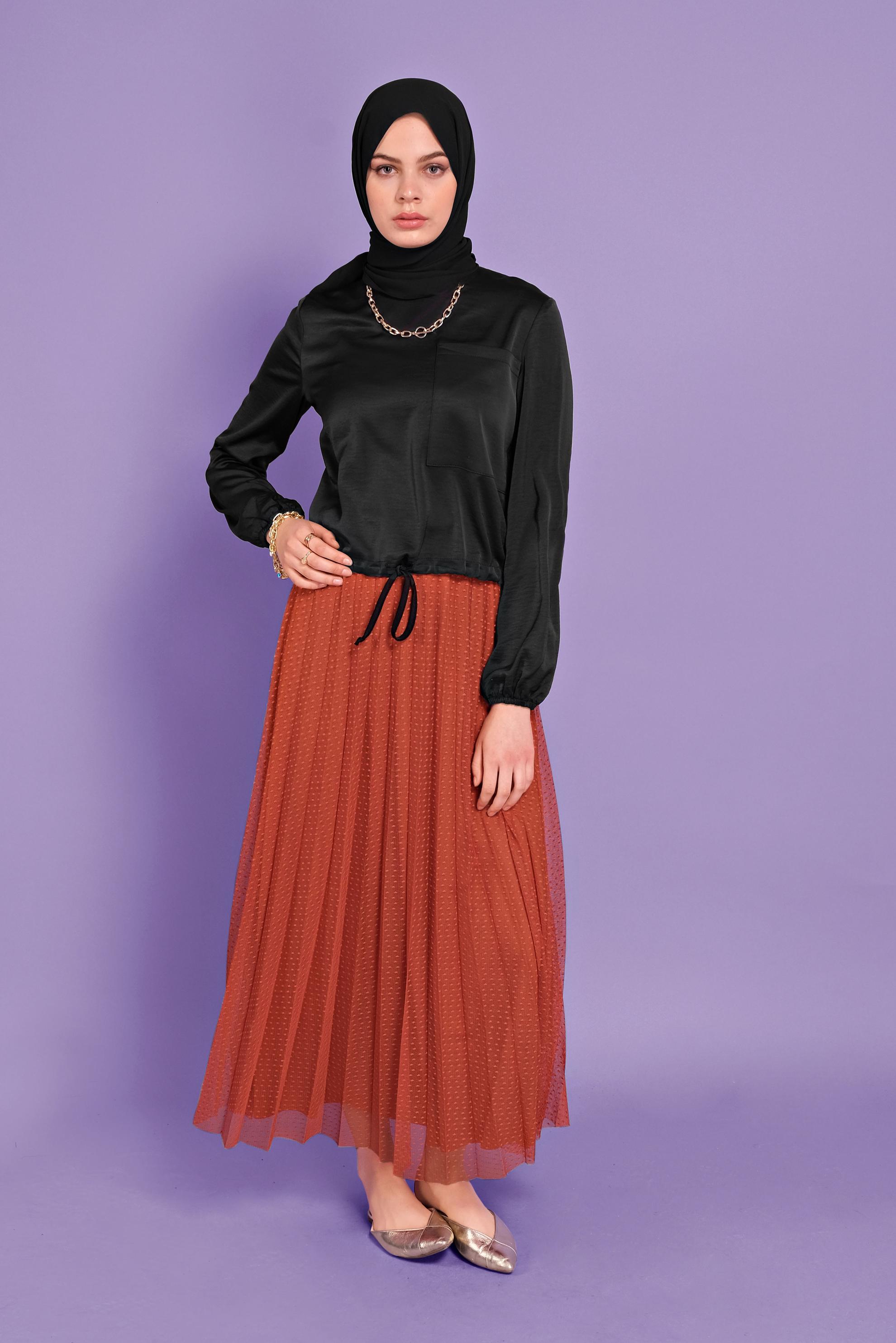 Tesettür giyim TURUNCU PİLİSELİ TÜL ETEK 60162 
