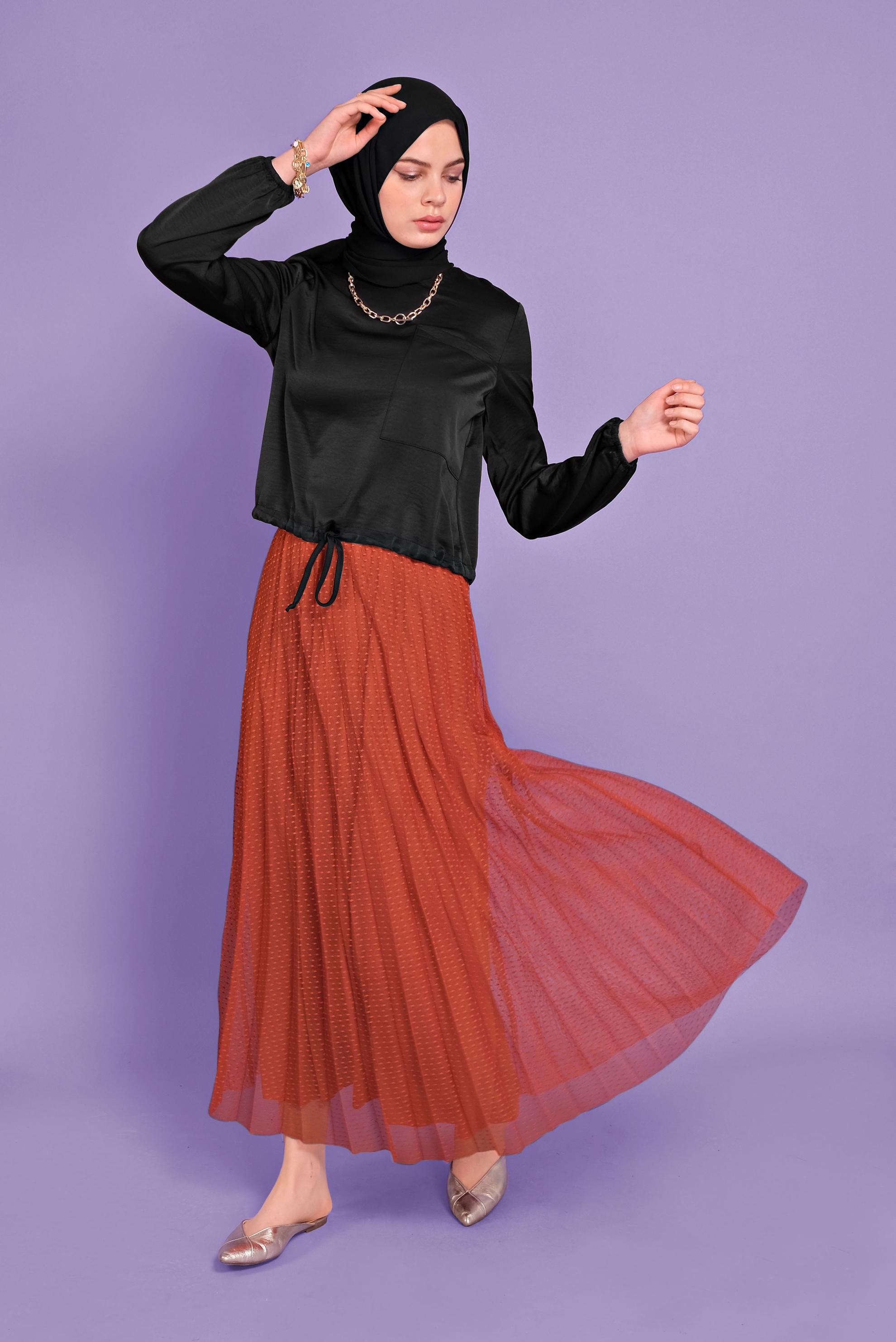 Tesettür giyim TURUNCU PİLİSELİ TÜL ETEK 60162 