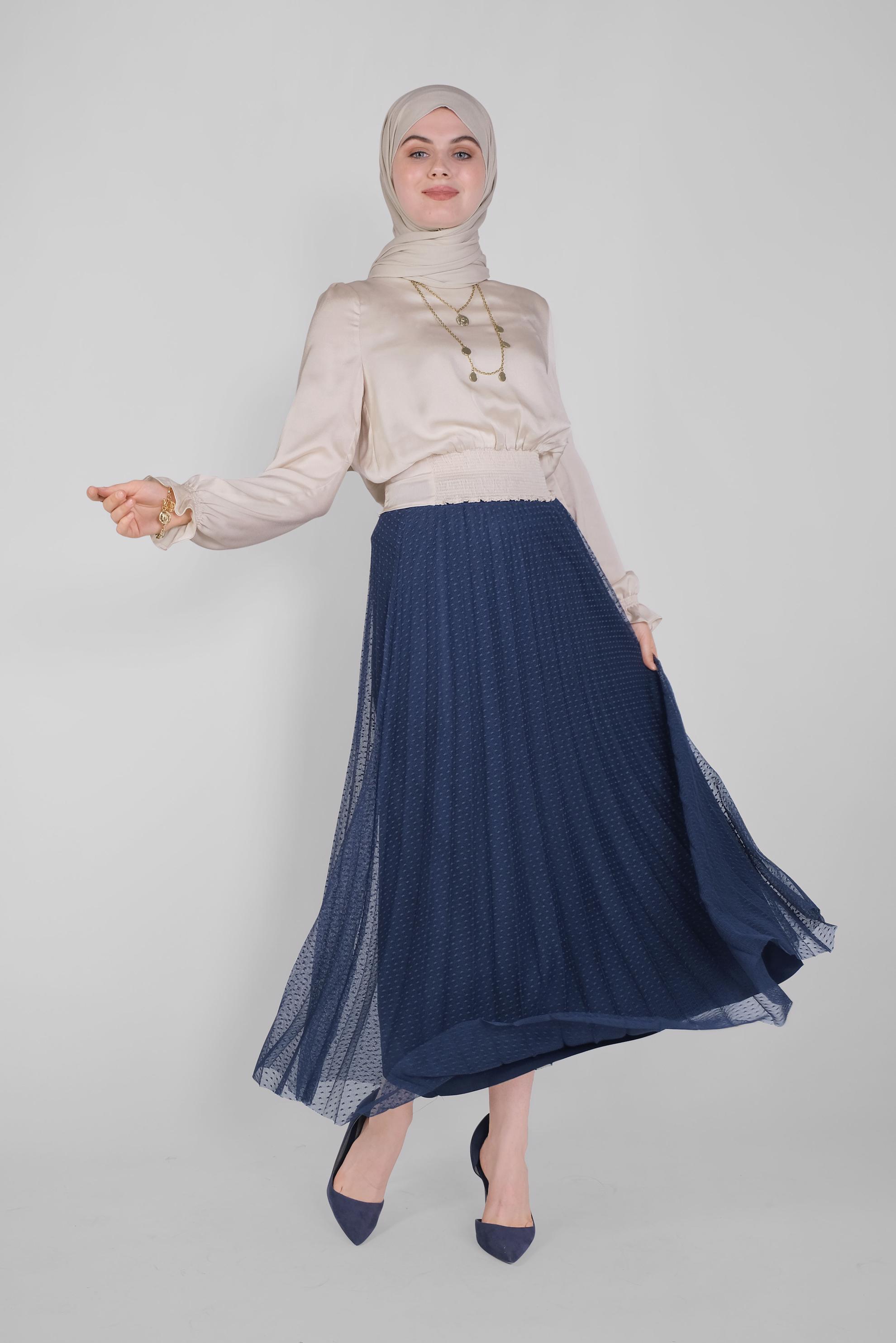 Tesettür giyim LACİVERT PİLİSELİ TÜL ETEK 60162 