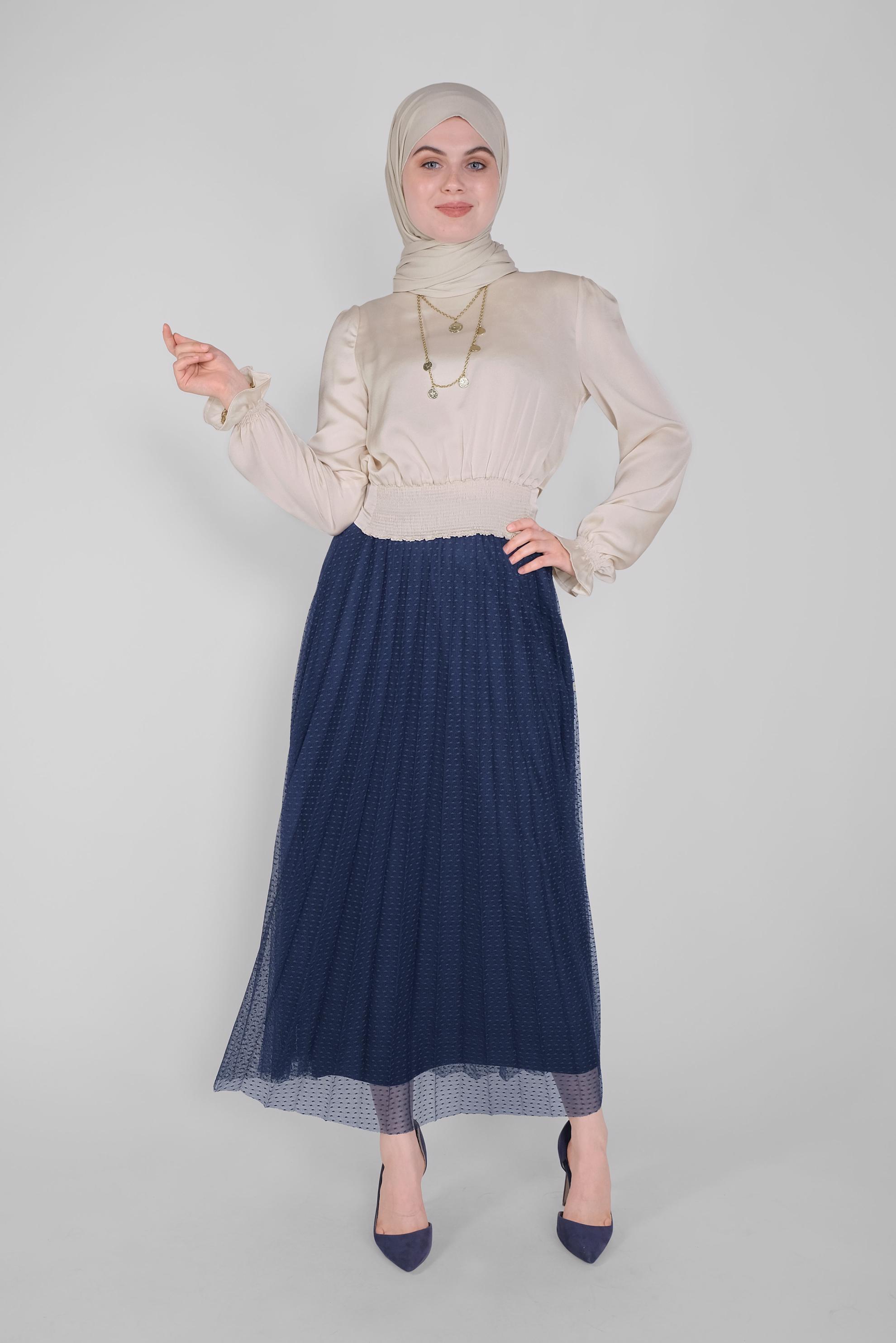 Tesettür giyim LACİVERT PİLİSELİ TÜL ETEK 60162 