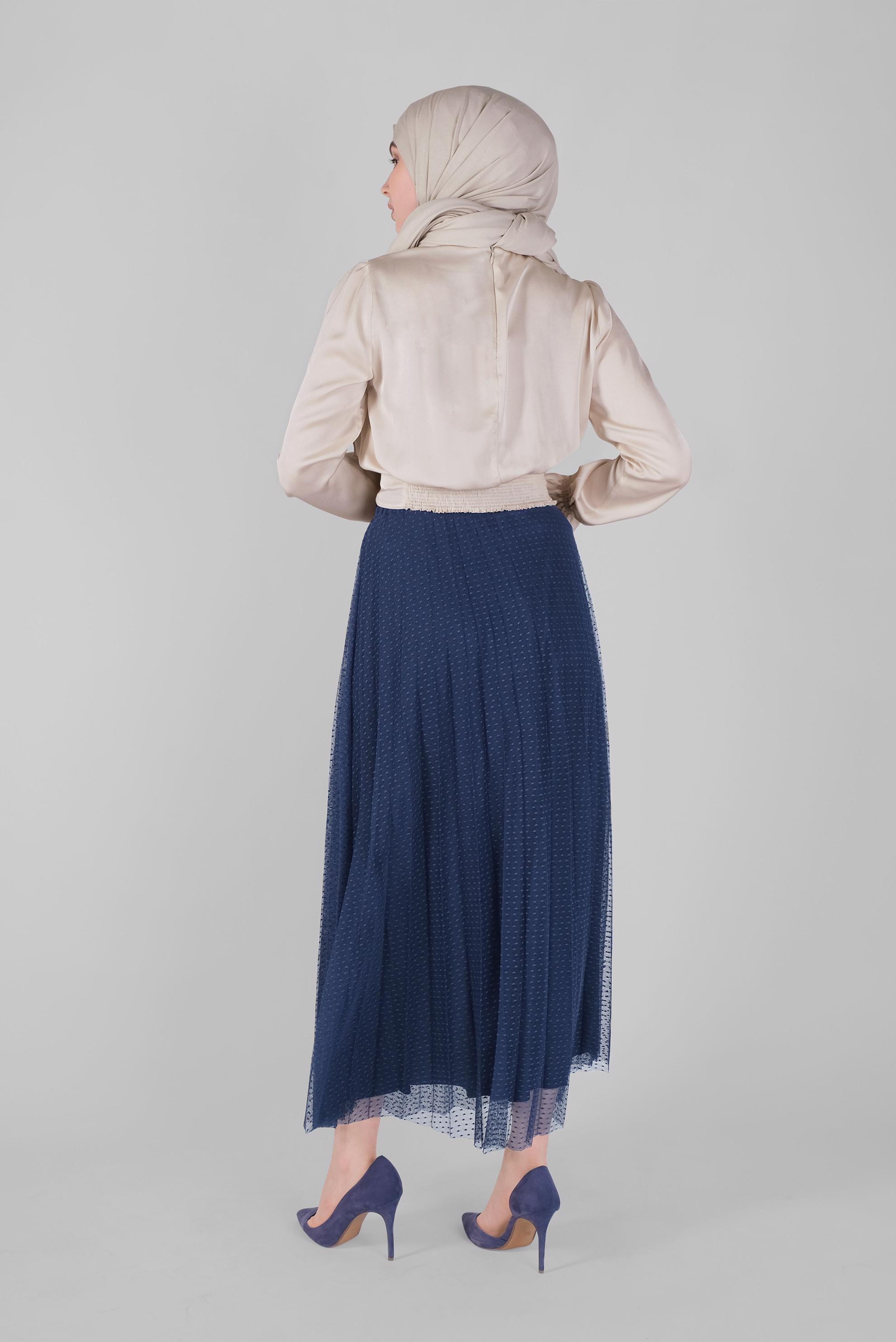 Tesettür giyim LACİVERT PİLİSELİ TÜL ETEK 60162 