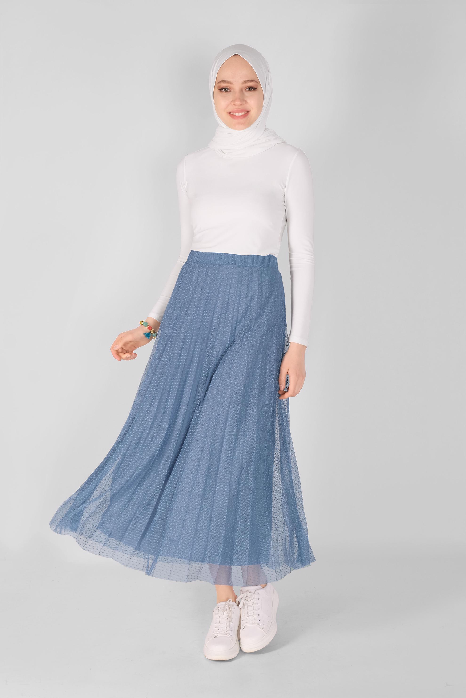 Tesettür giyim LACİVERT PİLİSELİ TÜL ETEK 60162 