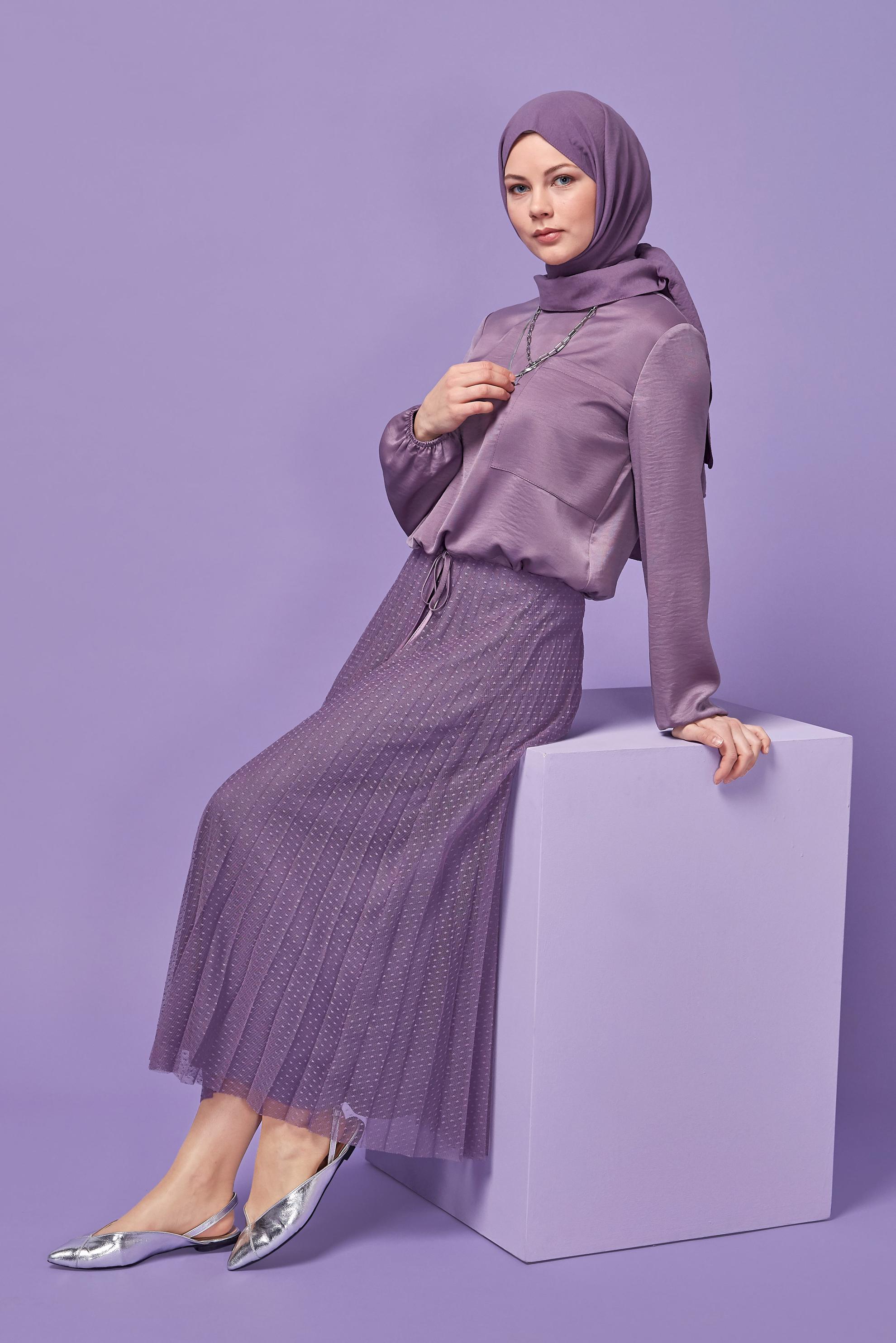 Tesettür giyim MOR PİLİSELİ TÜL ETEK 60162 