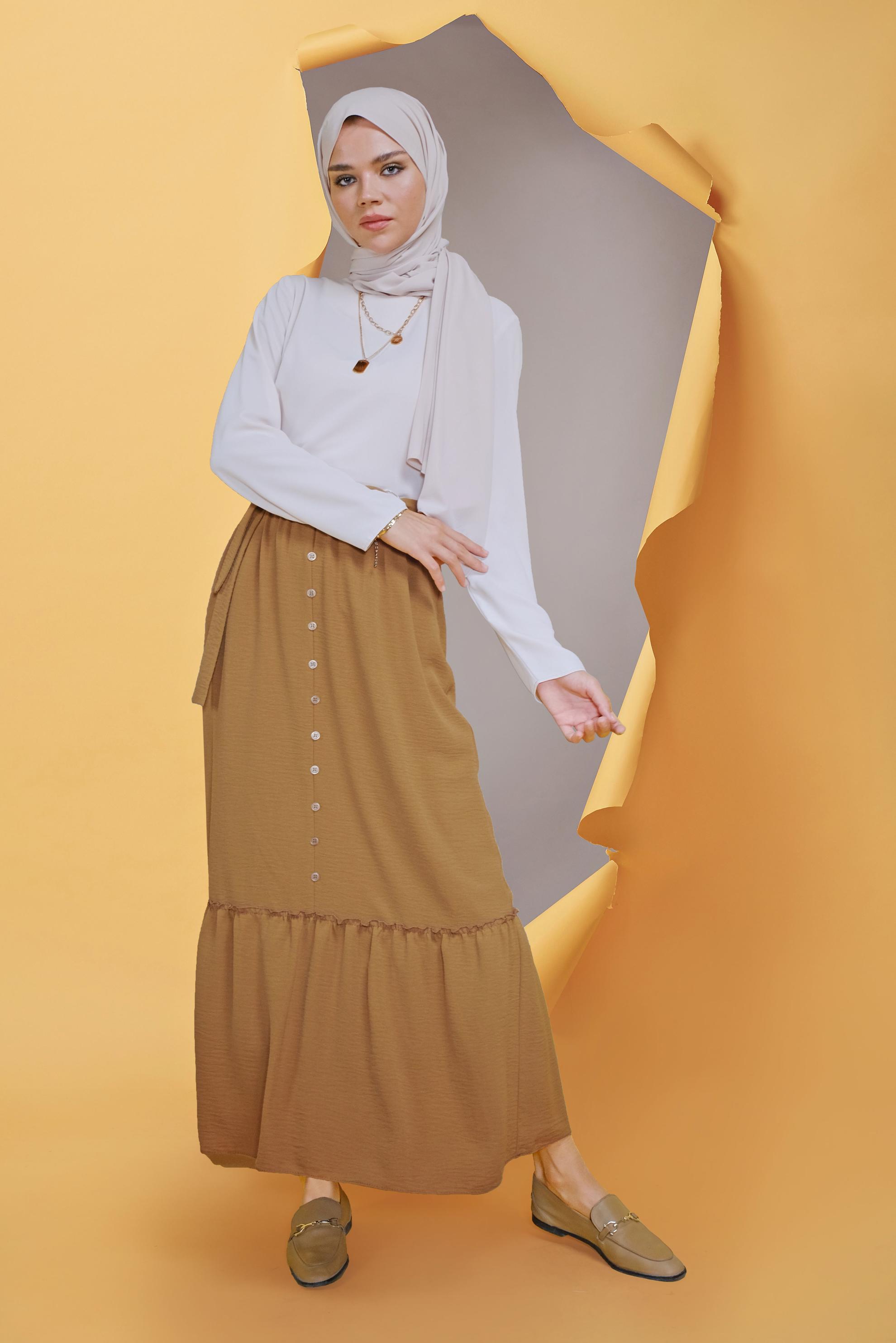 Tesettür giyim SARI DÜĞME DETAYLI AEROBİN ETEK 60163