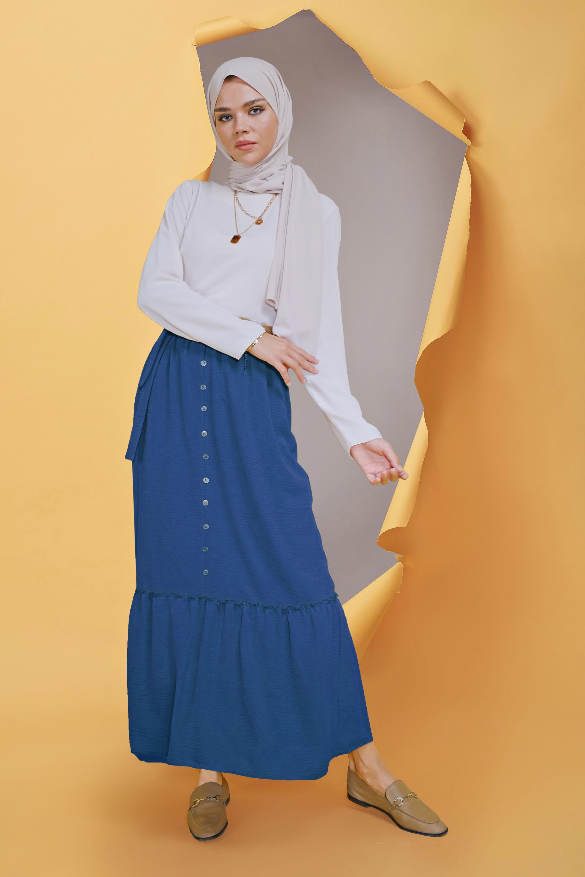 Tesettür giyim LACİVERT DÜĞME DETAYLI AEROBİN ETEK 60163