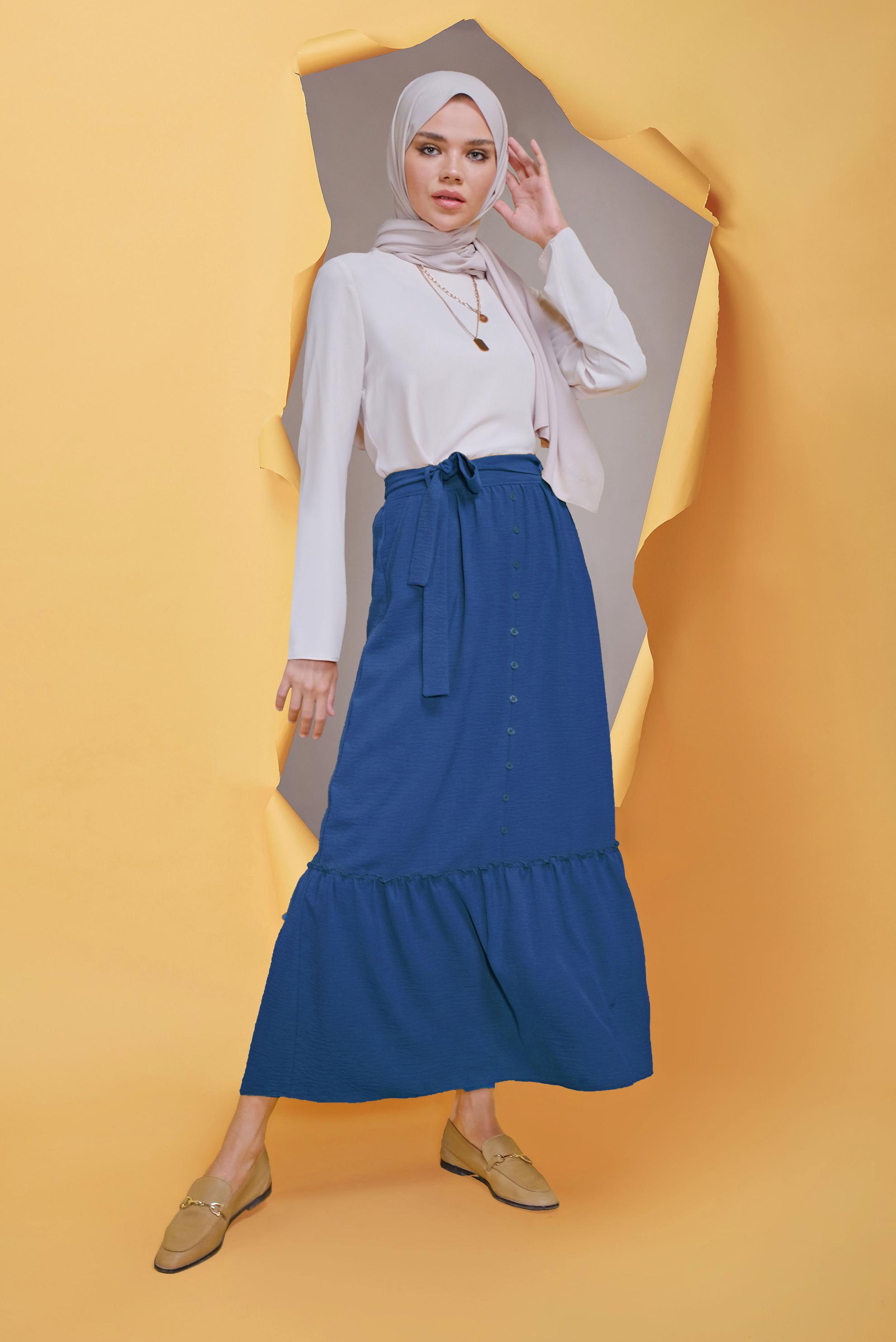 Tesettür giyim LACİVERT DÜĞME DETAYLI AEROBİN ETEK 60163