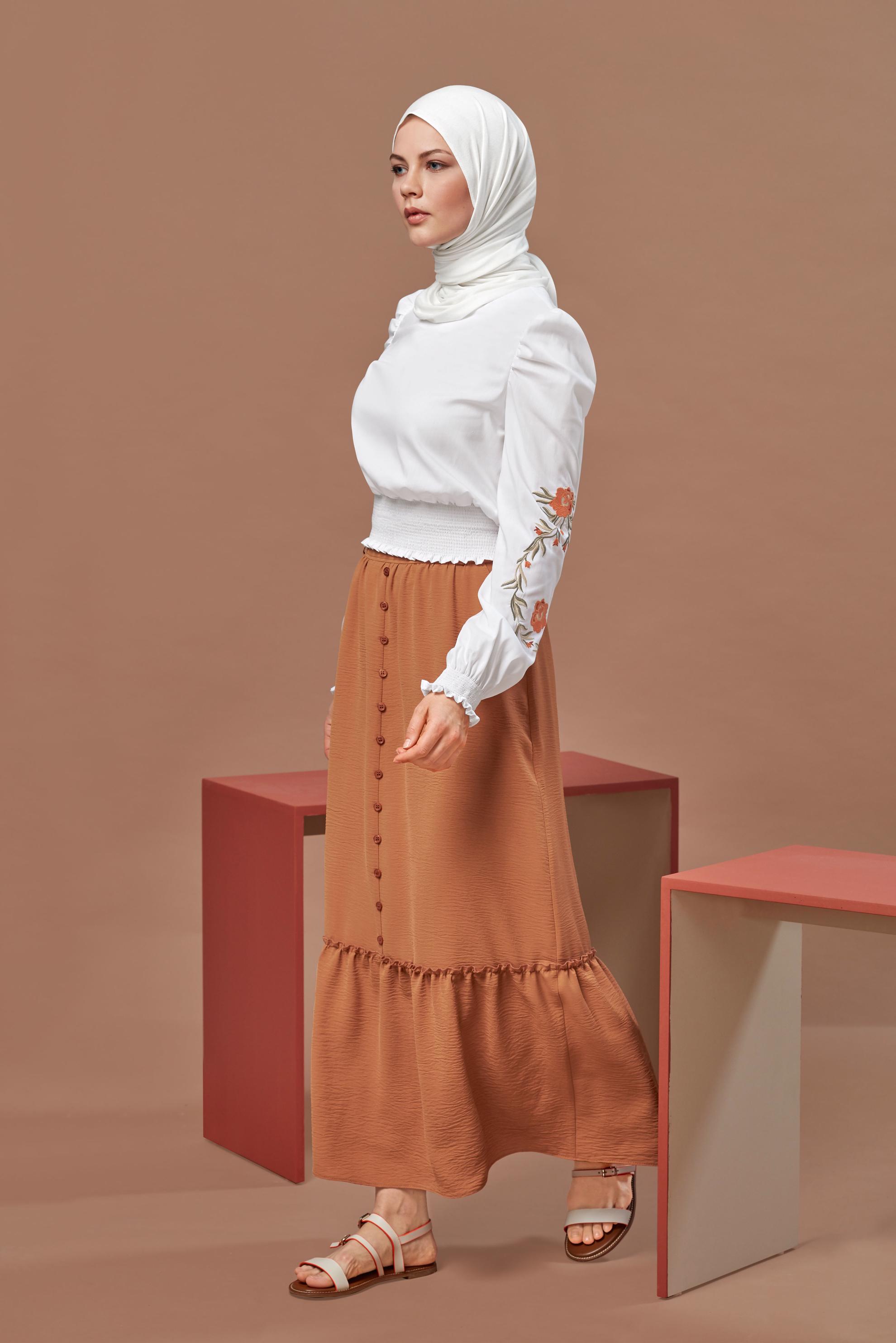 Tesettür giyim TURUNCU DÜĞME DETAYLI AEROBİN ETEK 60163