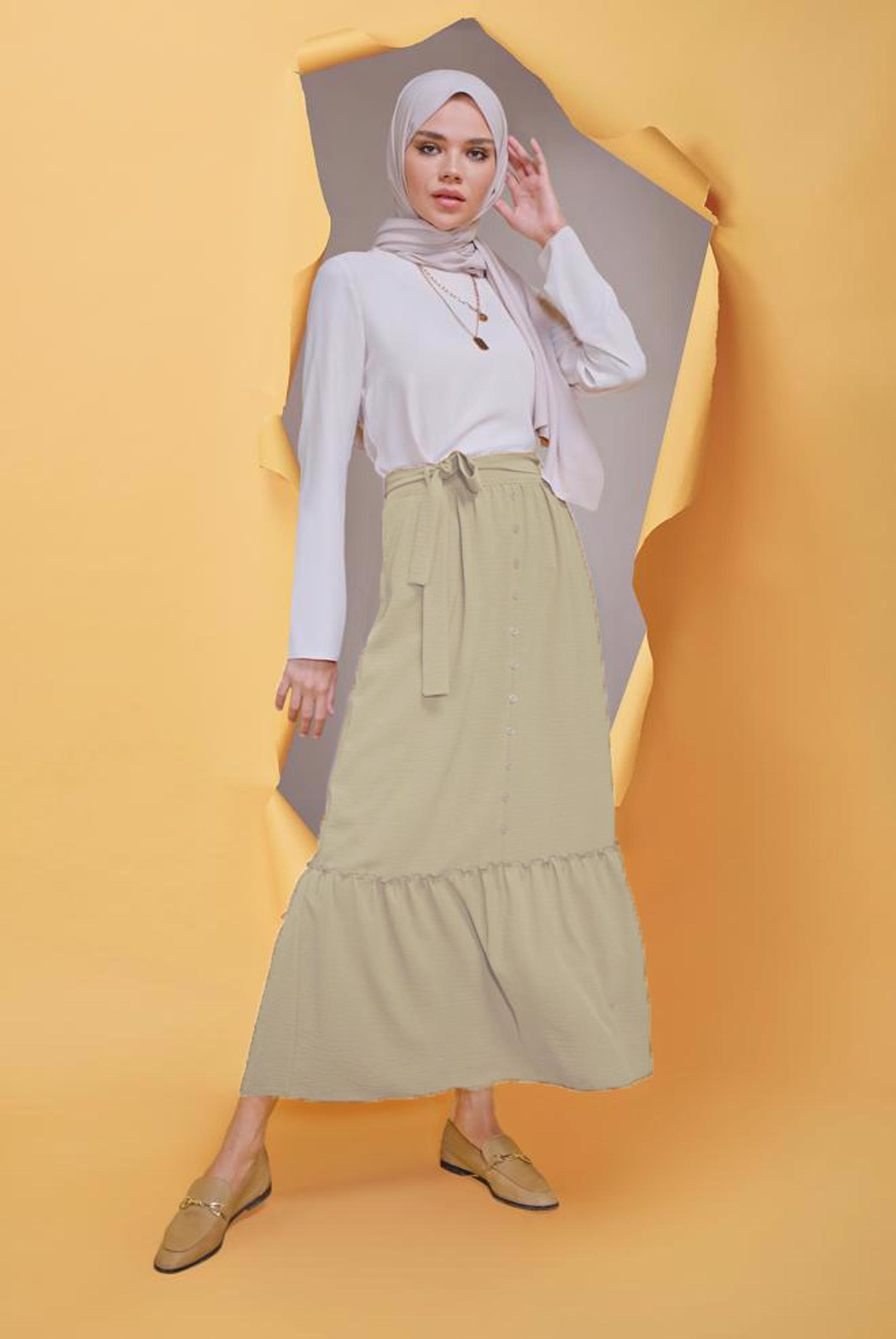 Tesettür giyim KUM DÜĞME DETAYLI AEROBİN ETEK 60163