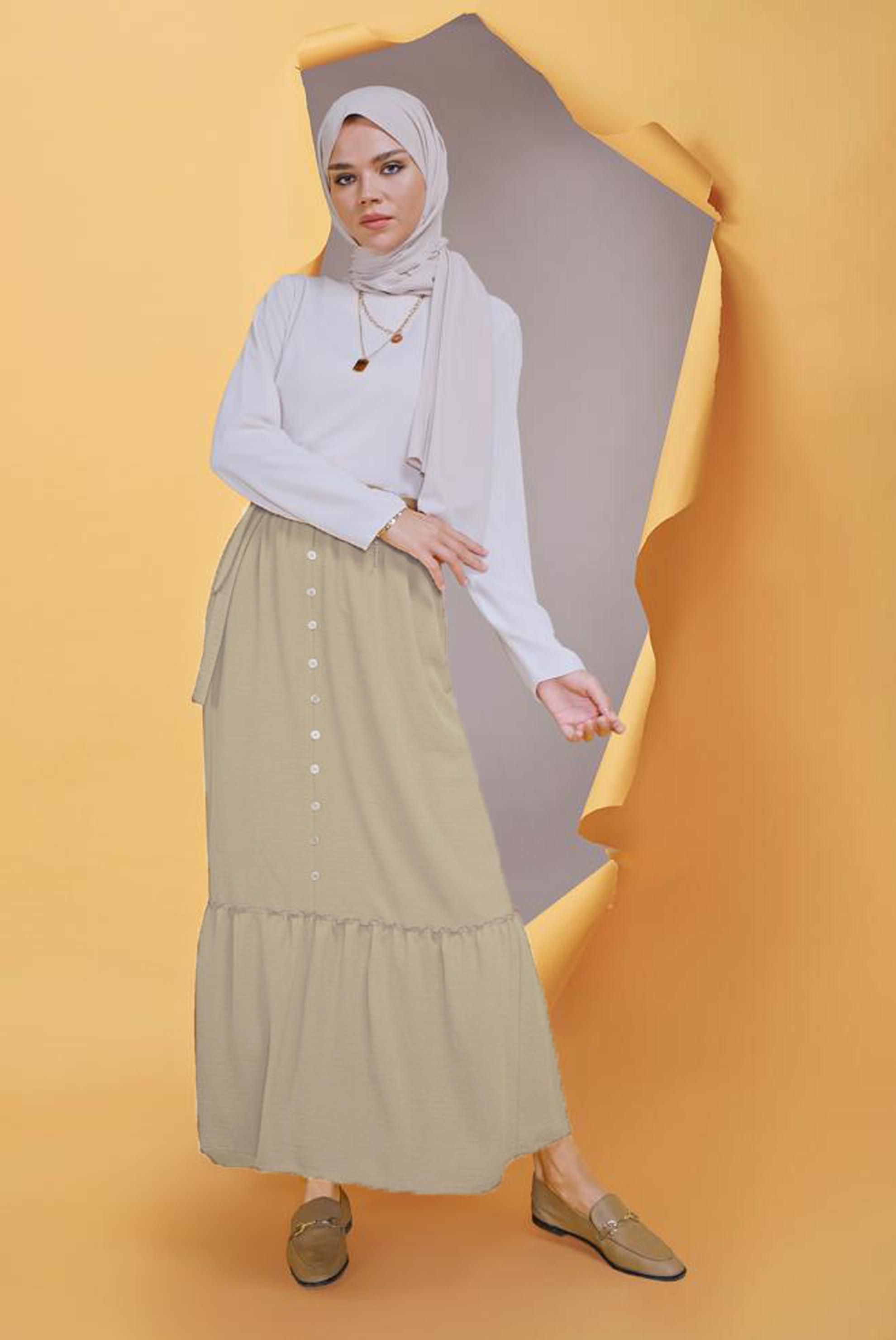 Tesettür giyim KUM DÜĞME DETAYLI AEROBİN ETEK 60163