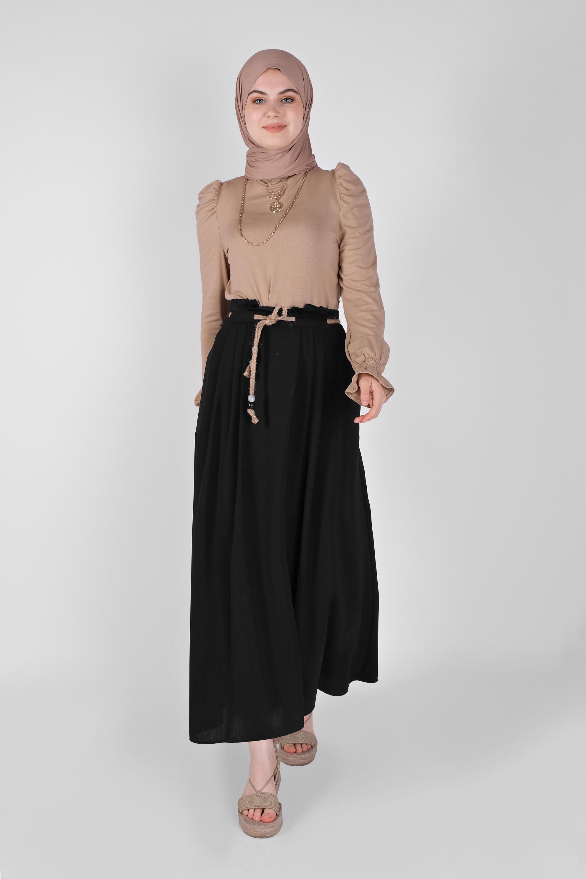 Tesettür giyim SİYAH BELİ BÜZGÜLÜ KUŞAKLI ETEK 60165