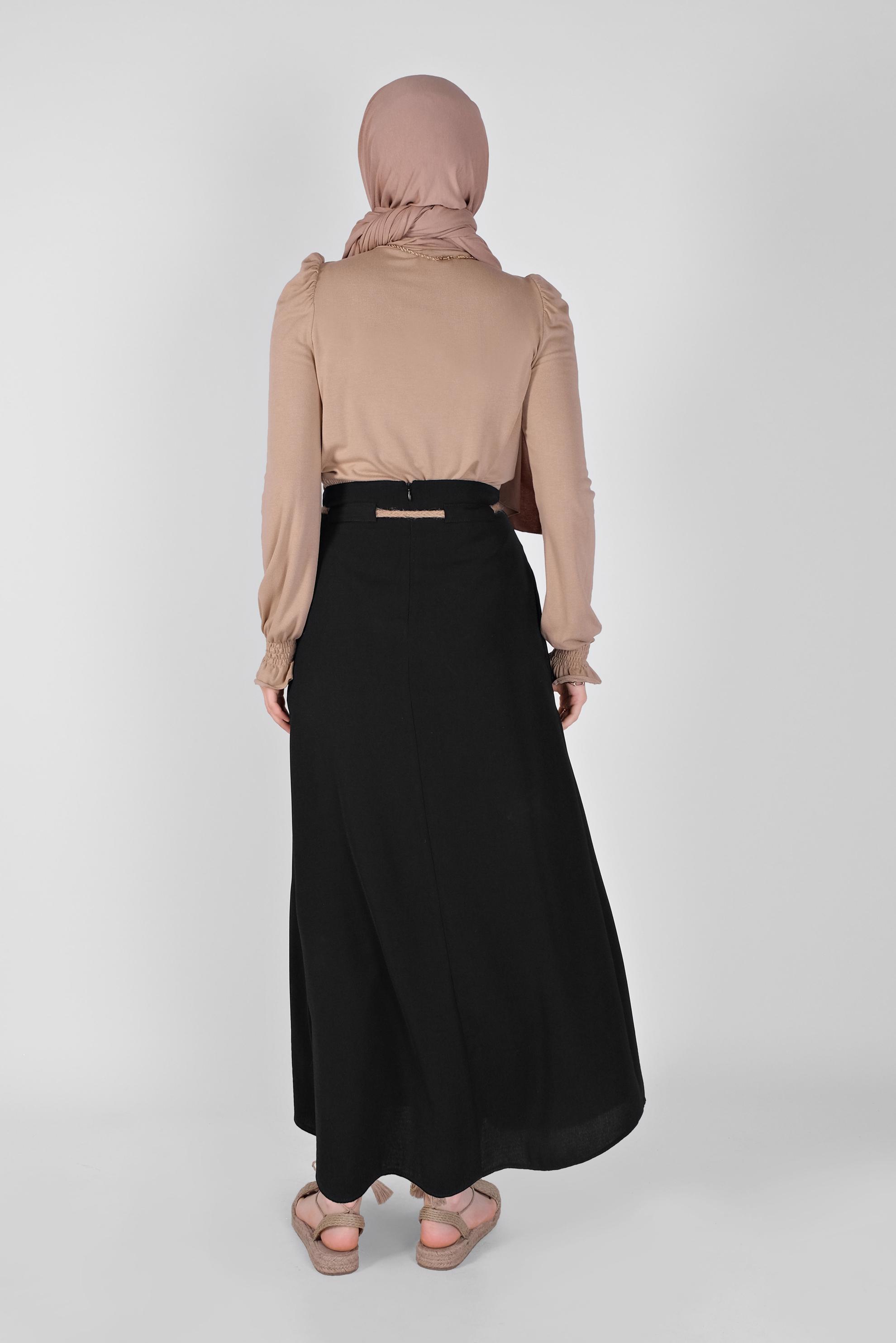 Tesettür giyim SİYAH BELİ BÜZGÜLÜ KUŞAKLI ETEK 60165