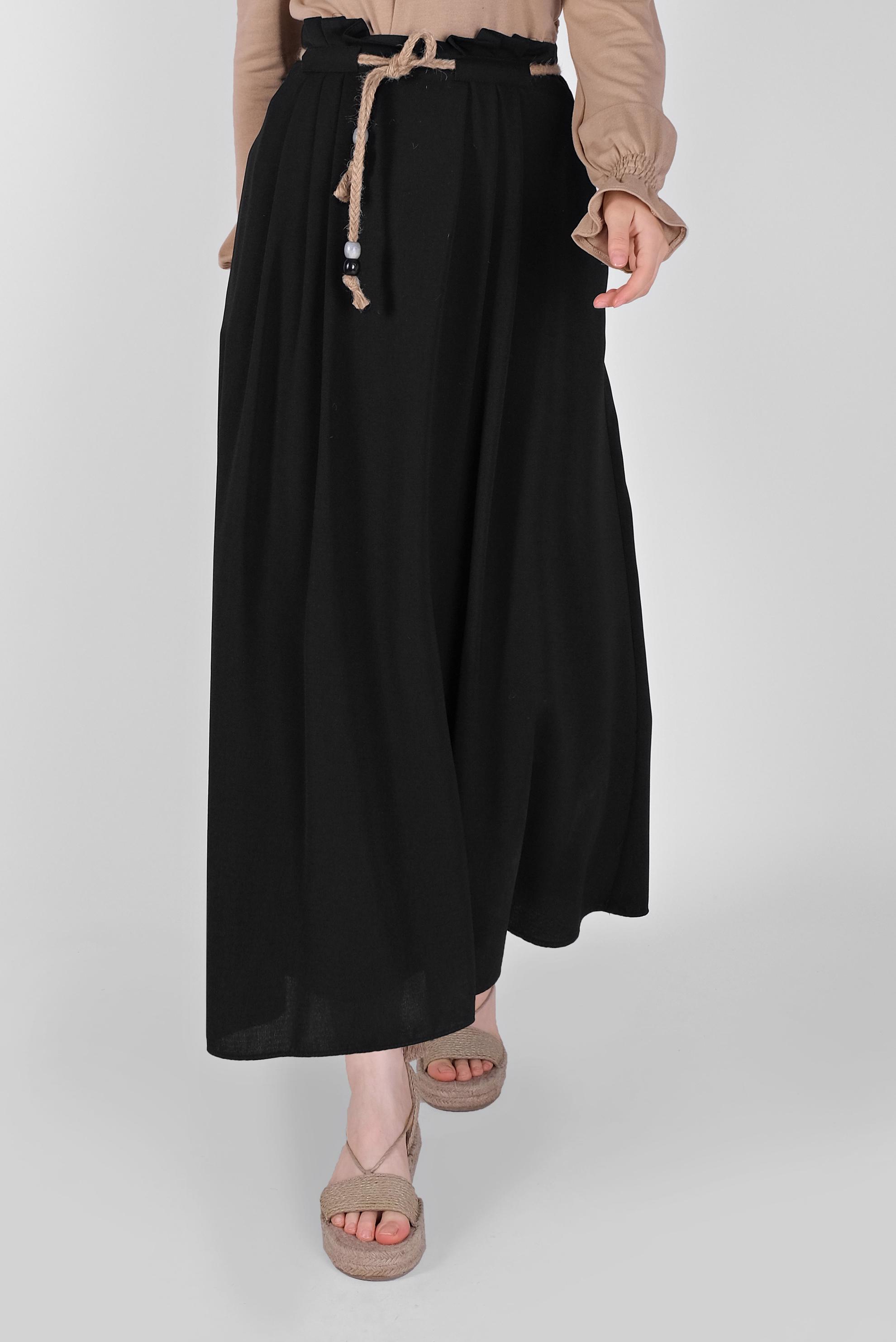 Tesettür giyim SİYAH BELİ BÜZGÜLÜ KUŞAKLI ETEK 60165