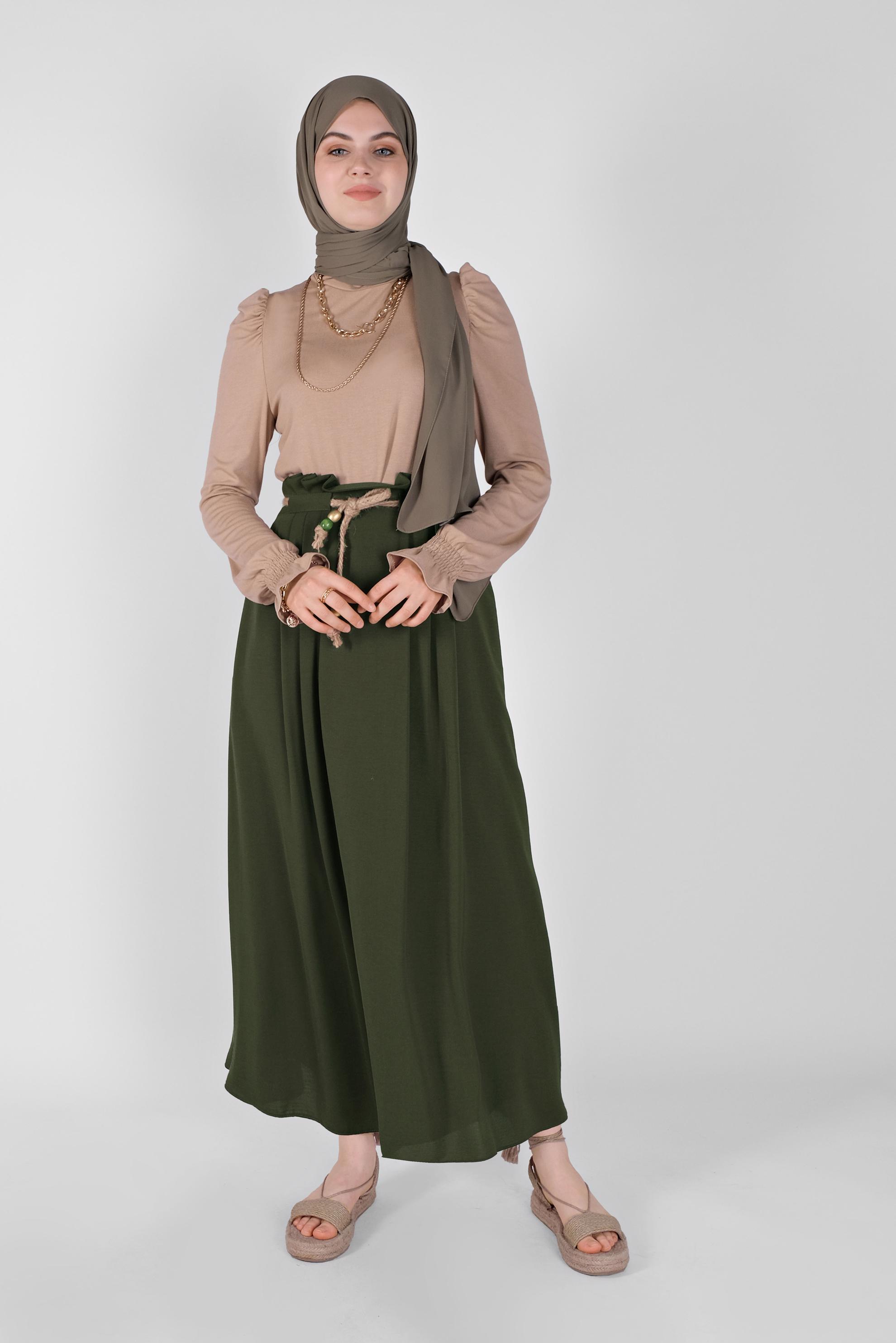 Tesettür giyim HAKİ BELİ BÜZGÜLÜ KUŞAKLI ETEK 60165