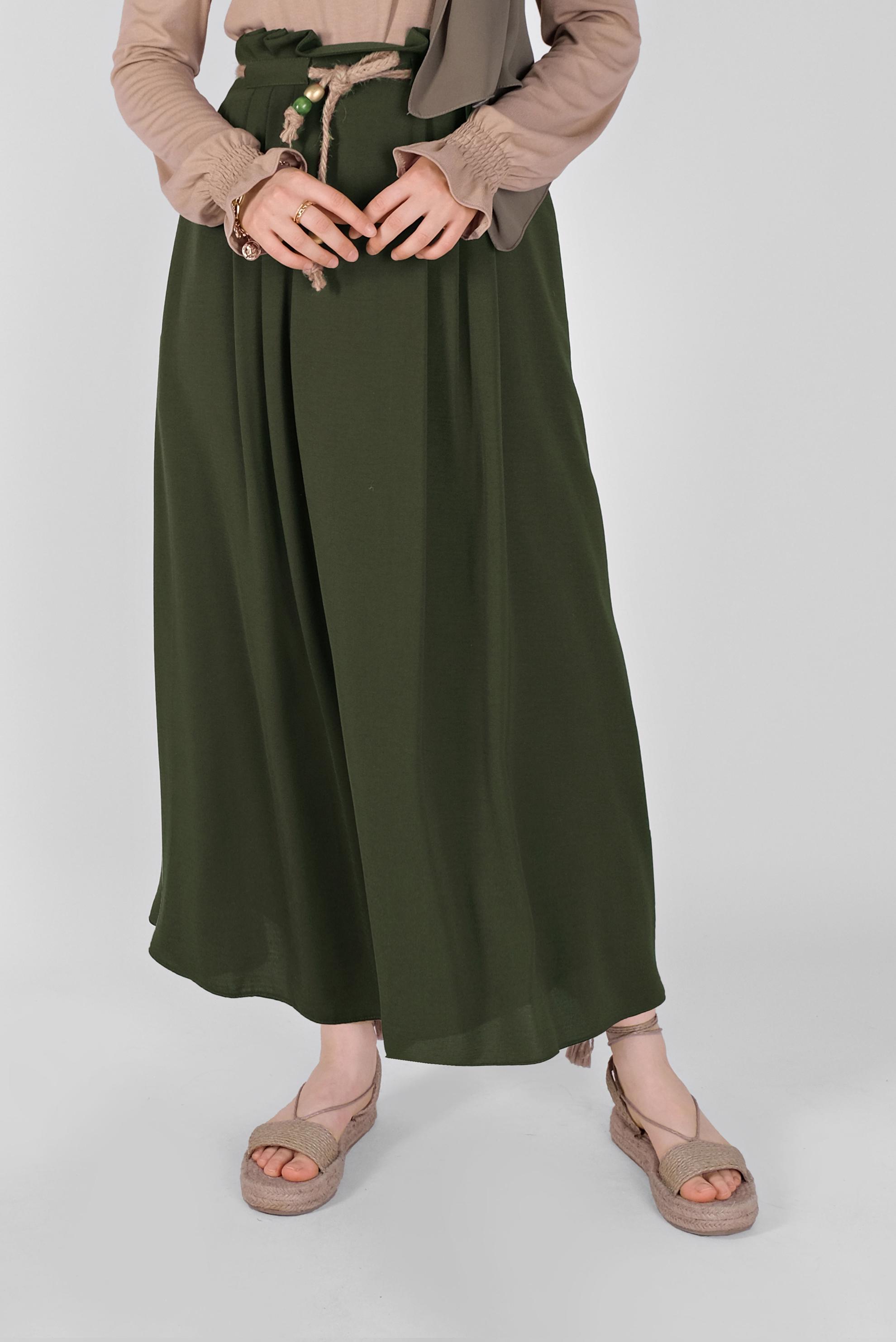 Tesettür giyim HAKİ BELİ BÜZGÜLÜ KUŞAKLI ETEK 60165