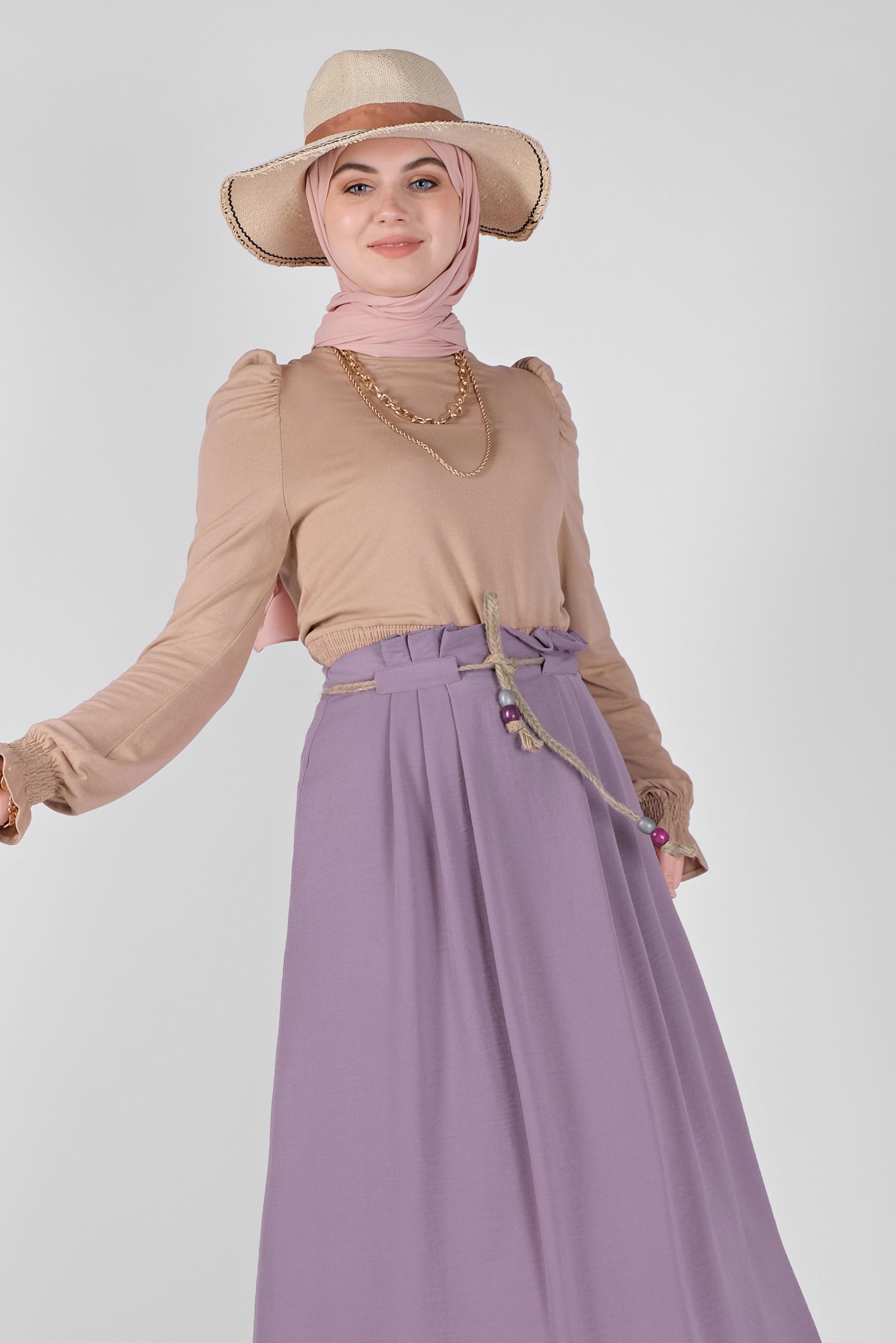 Tesettür giyim MOR BELİ BÜZGÜLÜ KUŞAKLI ETEK 60165