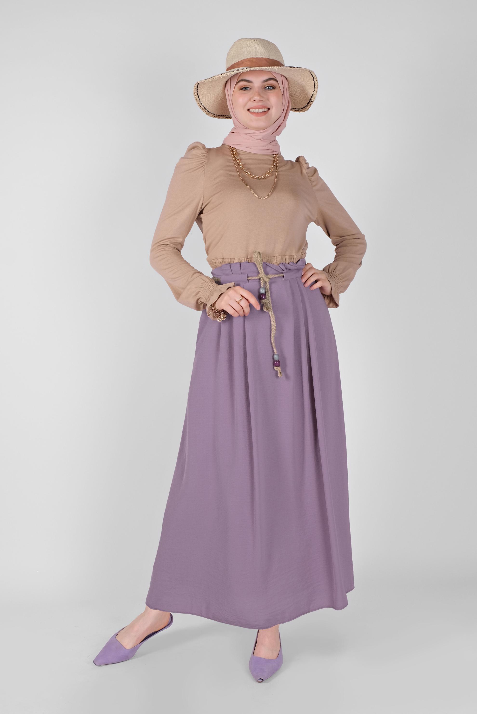 Tesettür giyim MOR BELİ BÜZGÜLÜ KUŞAKLI ETEK 60165